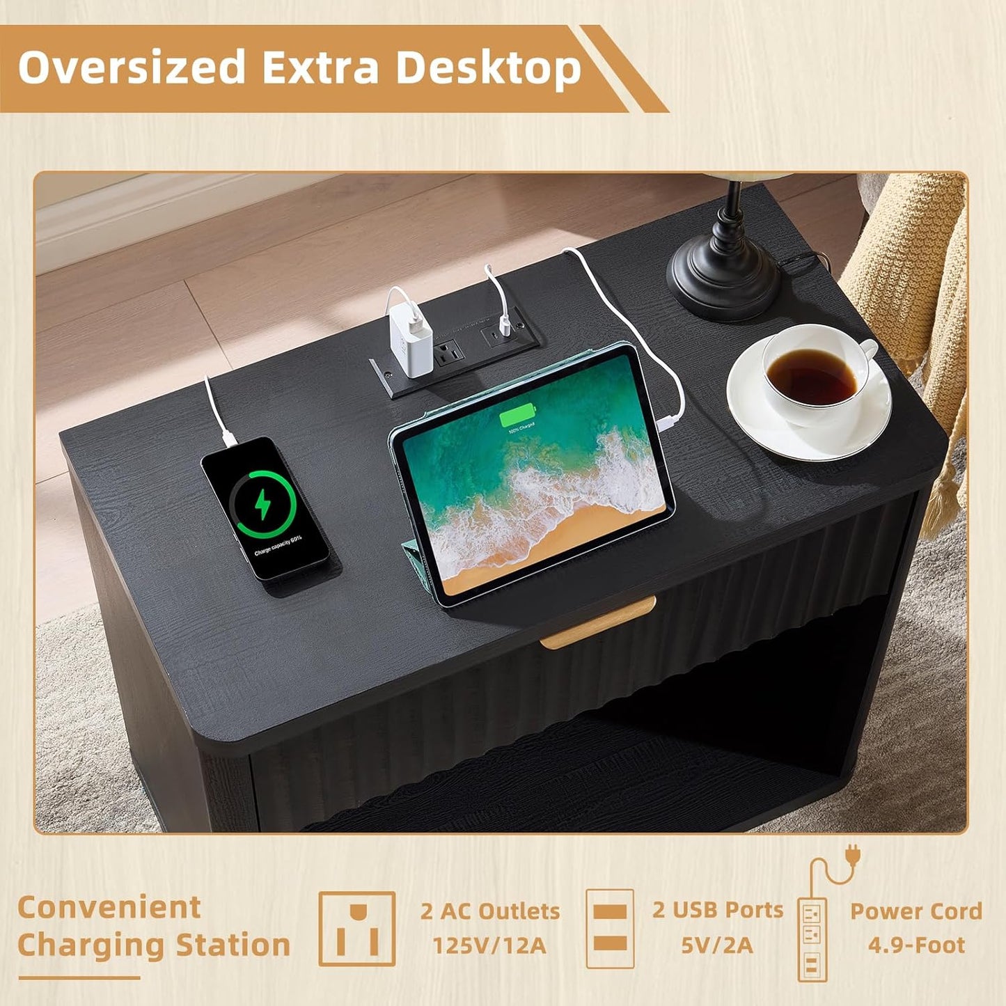 LEYAOYAO 31" Wide Fluted Nightstand Set of 2 with Charging Station, Oversized Extra Large 1 Drawer Night Stand with Golden Handle, Black Wood Bedside Table Tall End Tables,for Bedroom, Living Room