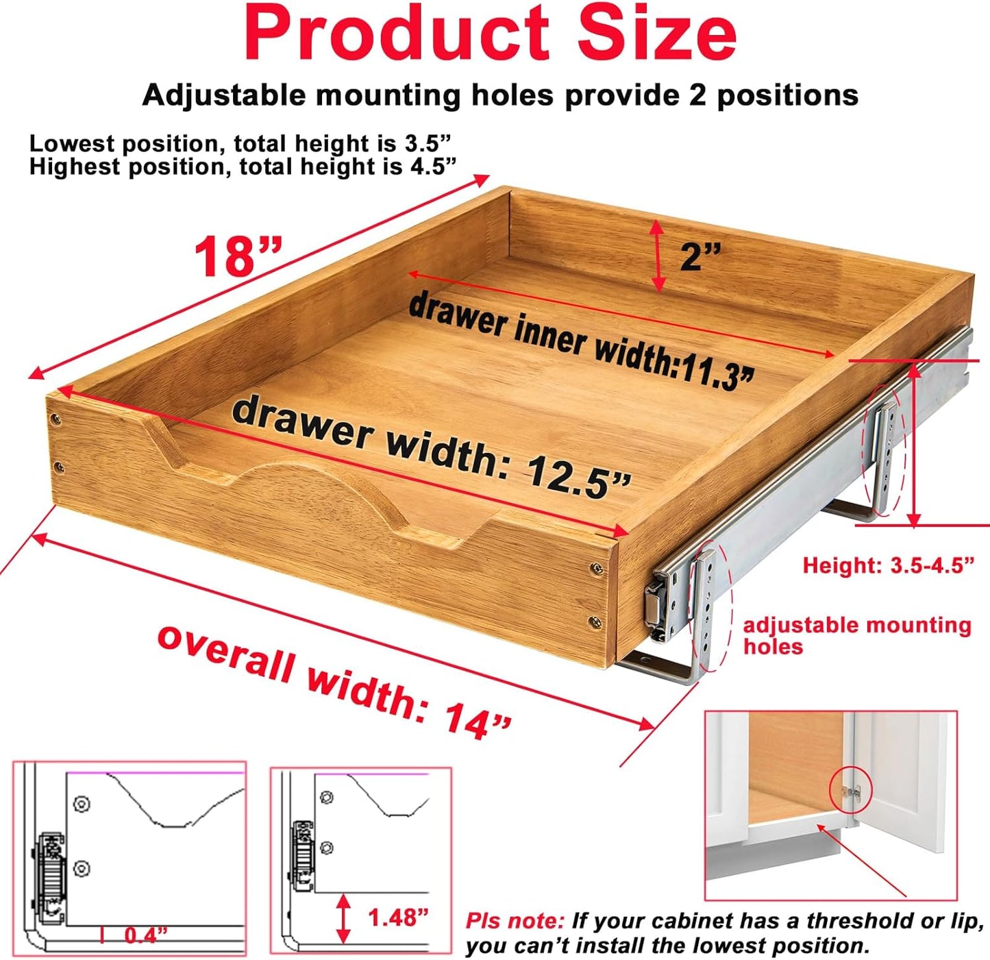 DINDON Pull Out Cabinet Organizer (14" W x 18" D) 1 Tier, Single Tier Oak Wood Under Cabinet Slide Out Shelf Drawer Box…