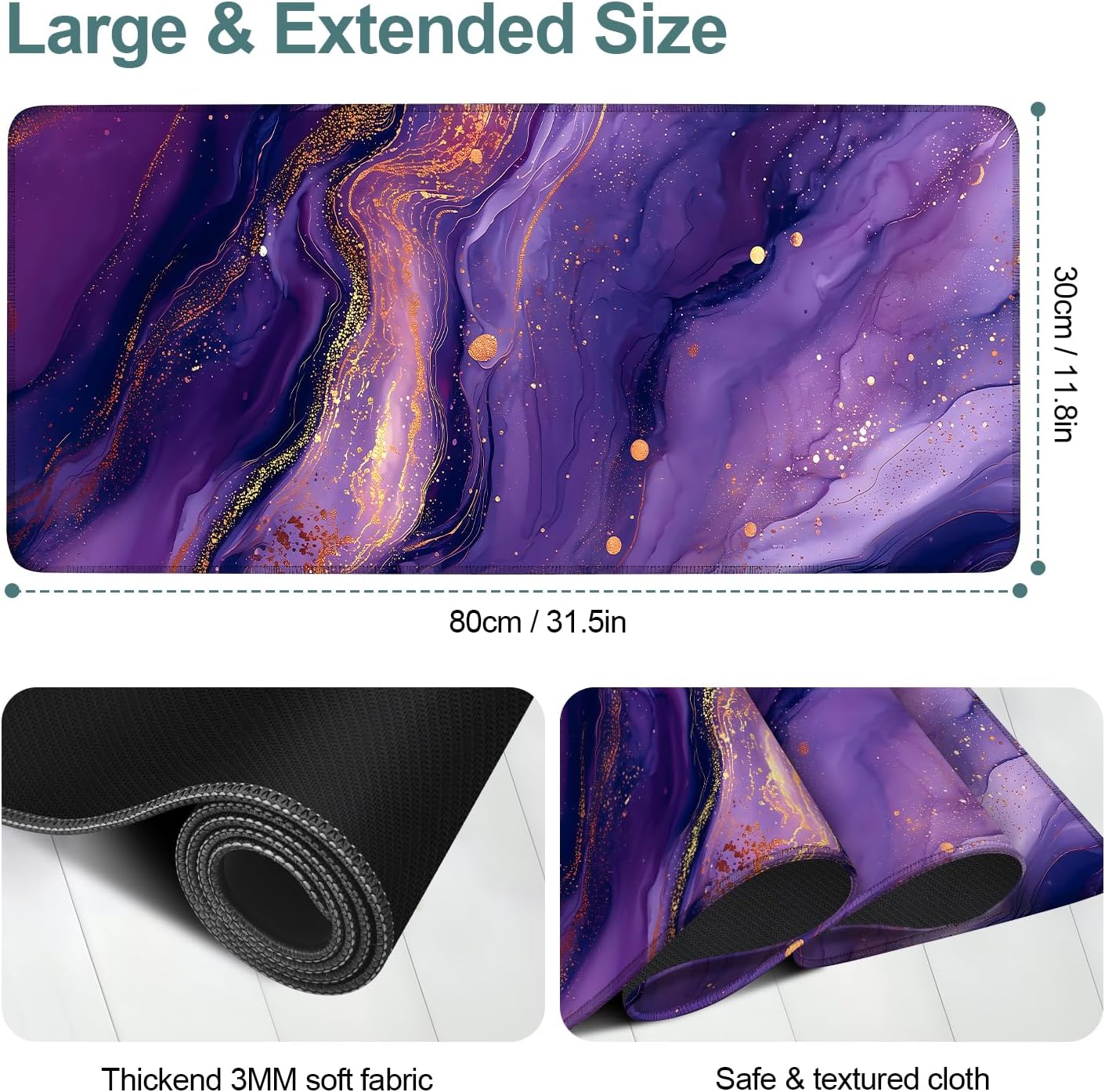 Purple Gaming Mouse Pad 31.5"x11.8"Desk Mat Anti-Slip Rubber Base & Durable Stitched Edges for Gamers Smooth Mouse Writing Surface for Desk Office/Home
