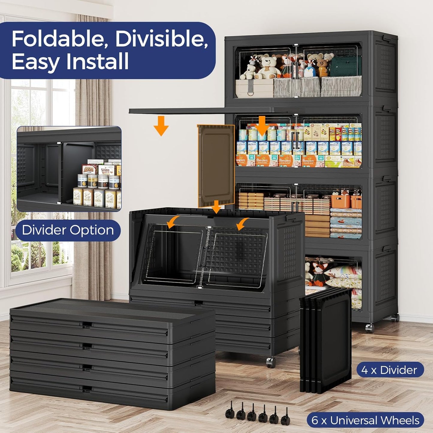 150GAL Extra Large Storage Bins with Lid, 600Qt Stackable Closet Organizers and Drawers, Collapsible Storage Bins with Wheels, Folding Containers for Home, Kitchen Office, 3Pack Black