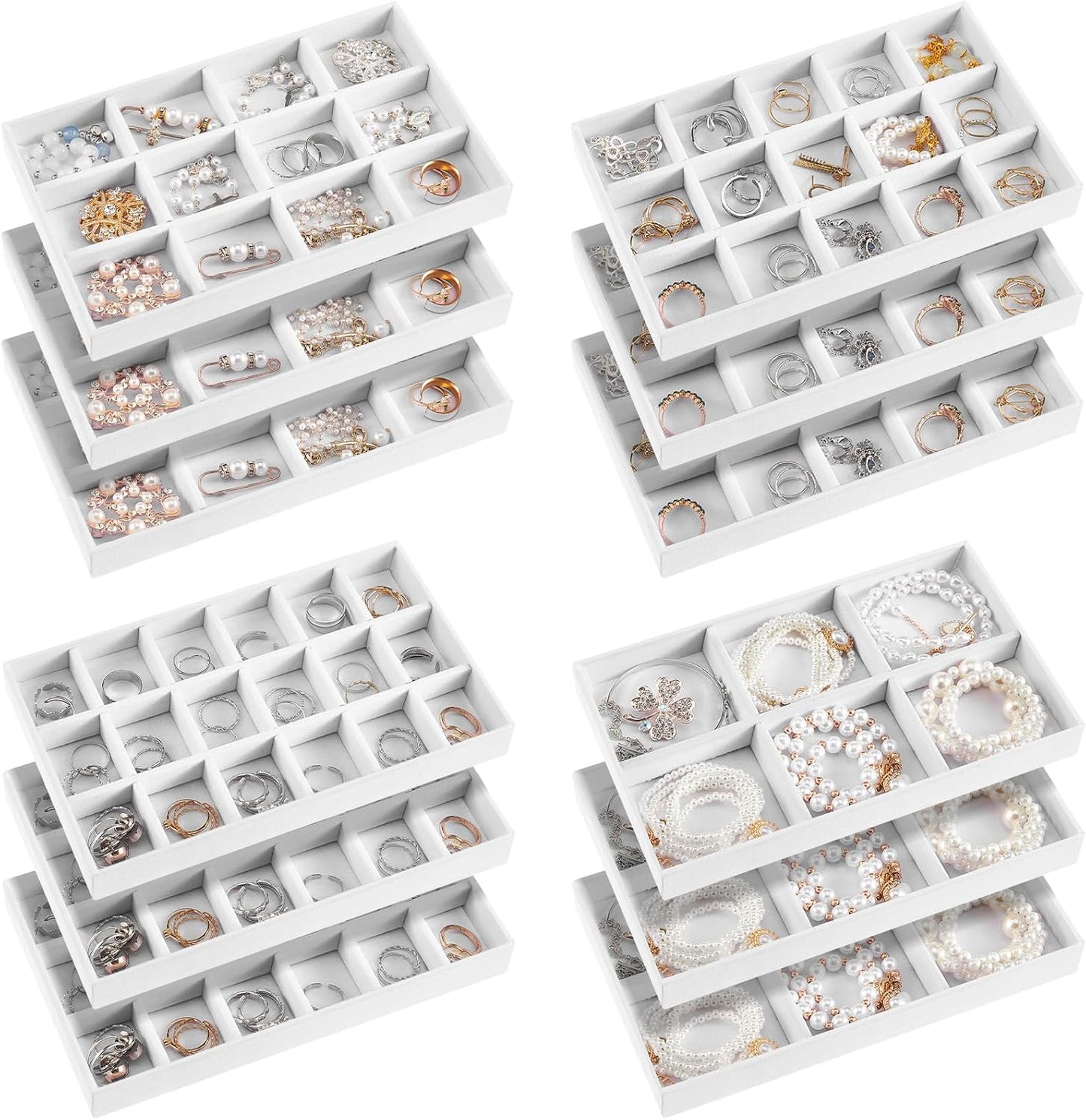 Junkin 12 Pcs Jewelry Tray Velvet Stackable Jewelry Organizer Trays Divided Earring Accessories Storage Containers Box (Rose Red)