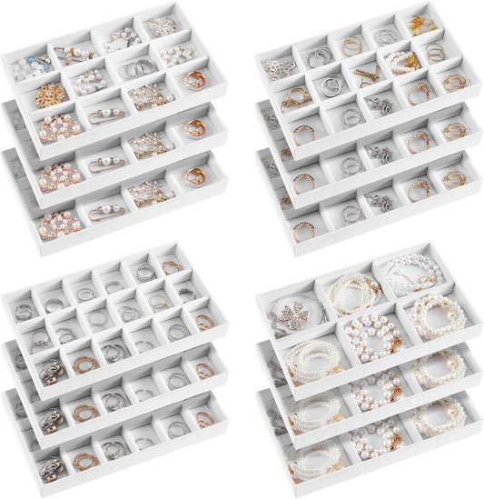 Junkin 12 Pcs Jewelry Tray Velvet Stackable Jewelry Organizer Trays Divided Earring Accessories Storage Containers Box (Rose Red)