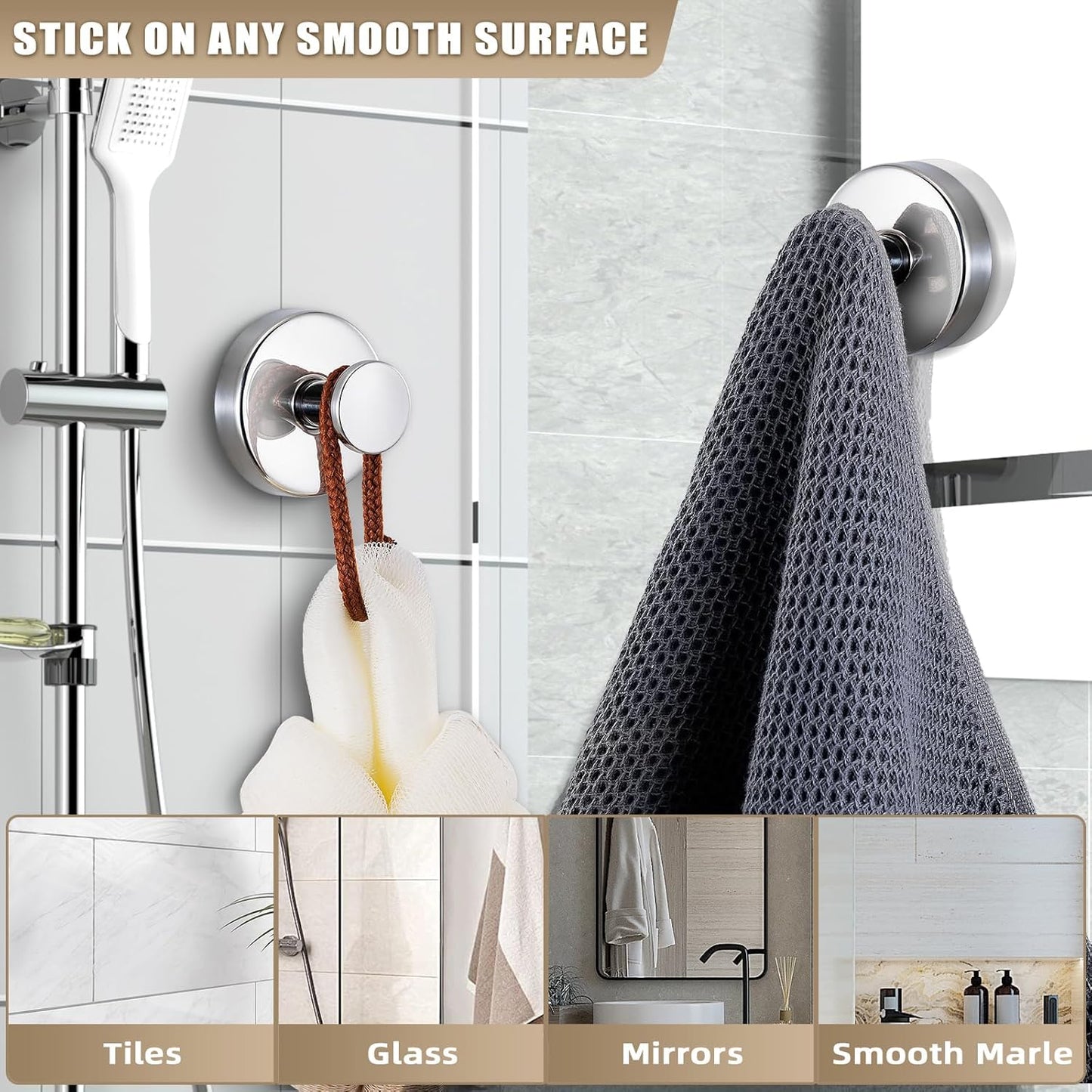 Suction Cup Hooks for Shower No-Drill Bathroom Hooks for Towels, Robes, Loofah Mountable on Bathroom Walls, Kitchen, Glass, Mirrors,Tile,Smooth Non-Porous Surfaces,Removable,4pcs,Chrome Polished