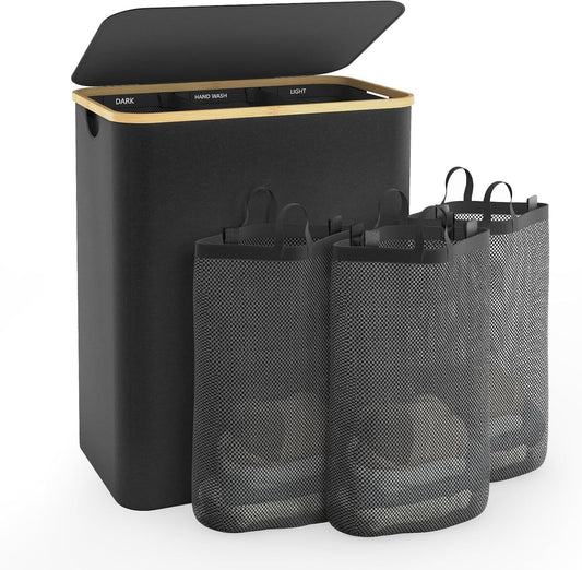 Hampers for Laundry Basket with Lid, 160L Extra Large 3 Section Clothes Divided Organizer for Bedroom, Laundry Room, Dirty Clothing Hamper, Black
