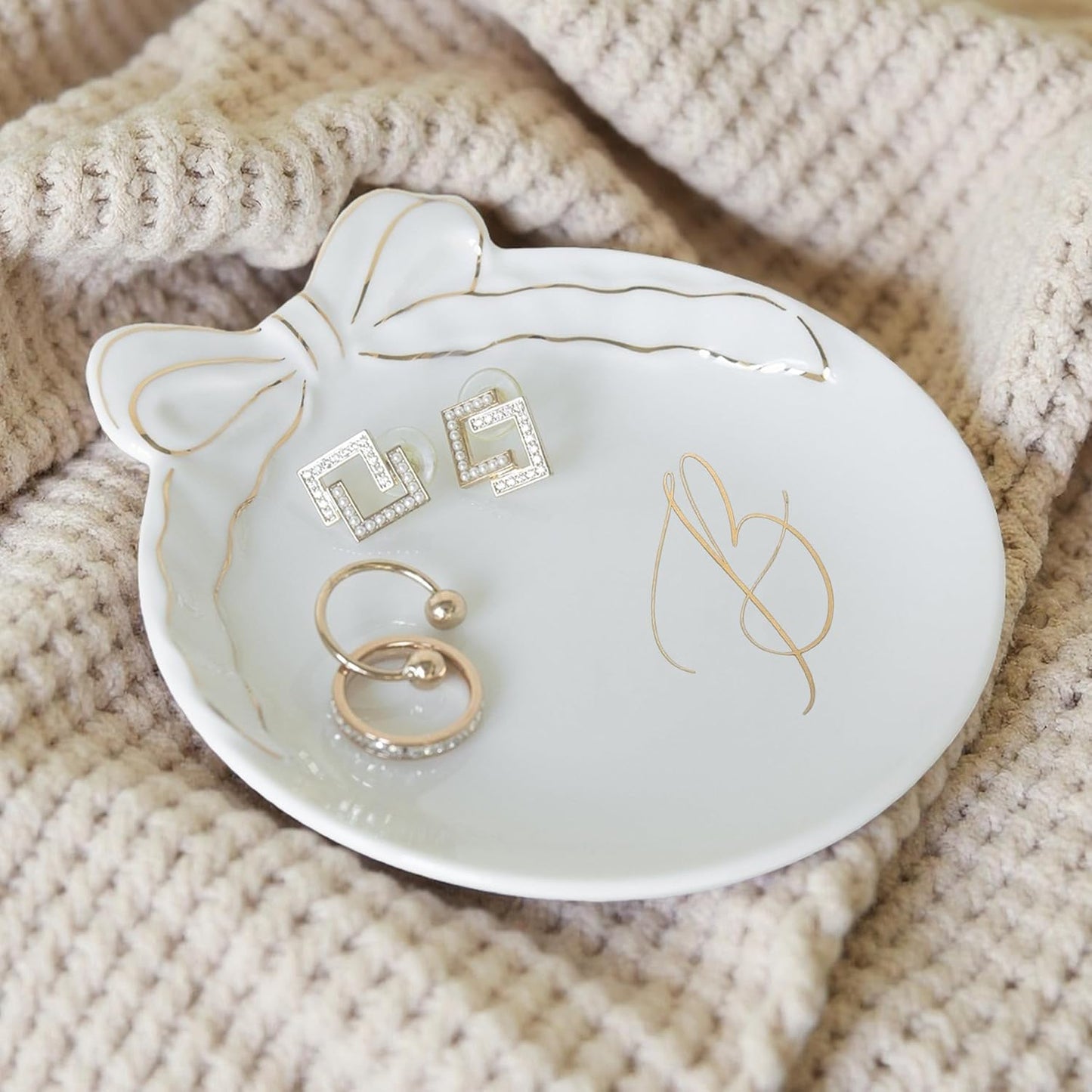 COLLECTIVE HOME - Personalized Initial Ceramic Jewelry Tray with Bow, Christmas Gift Ideas for Women, Small Gift for Girlfriend Wife, Ring Holder, Earrings Dish, Birthday Gift for Her (B)