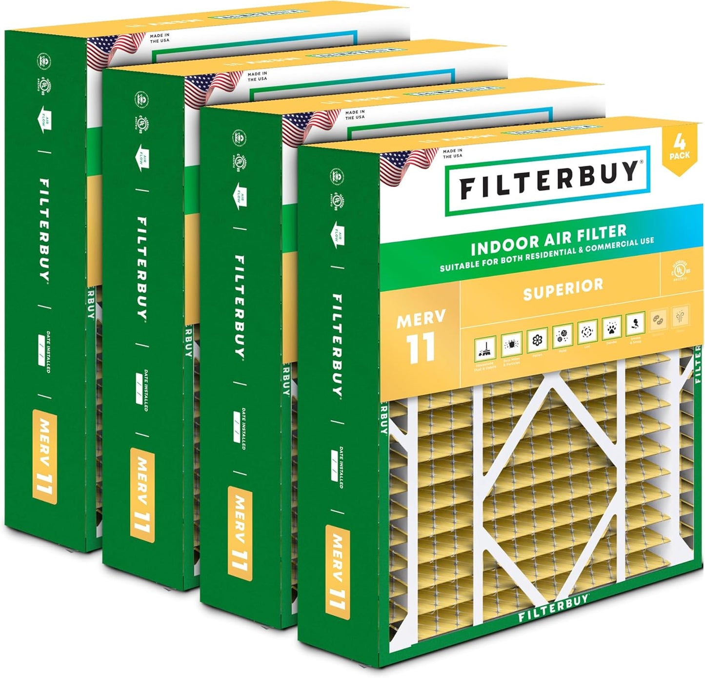 Filterbuy 21x21x5 Air Filter MERV 11 Superior Pet & Allergy Defense (4-Pack), Electrostatic Pleated HVAC AC Furnace Filters Replacement for Rheem, Ruud, & Protech (Actual Size: 20.63 x 20.63 x 4.38)