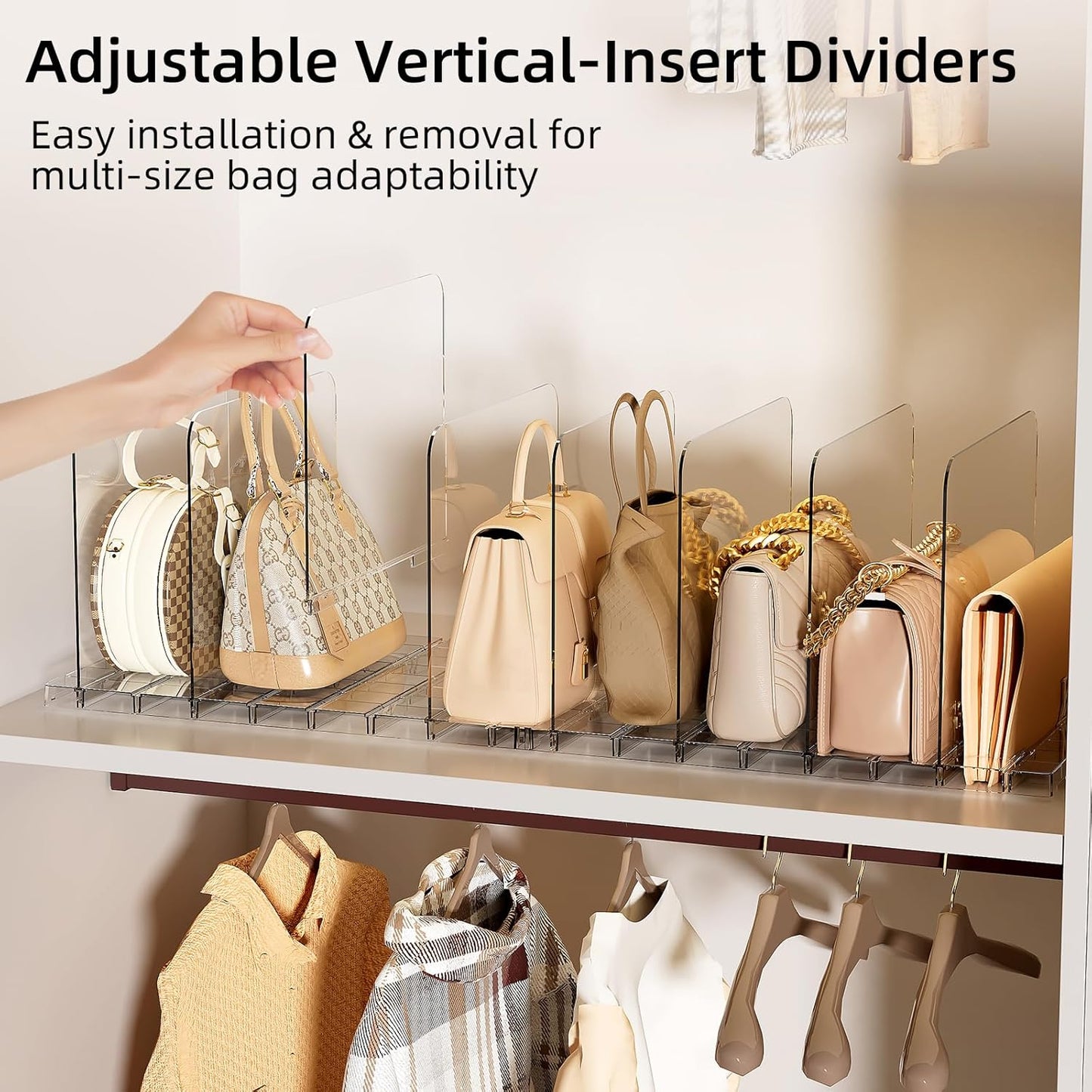 Bag & Purse Organizer for Closet Stackable Acrylic Shelf Dividers for Closet Organization, Clear Handbag Purse Storage Organizer Divider, Keep Clutch, Wallet, Pocketbook Upright, 1 Pack