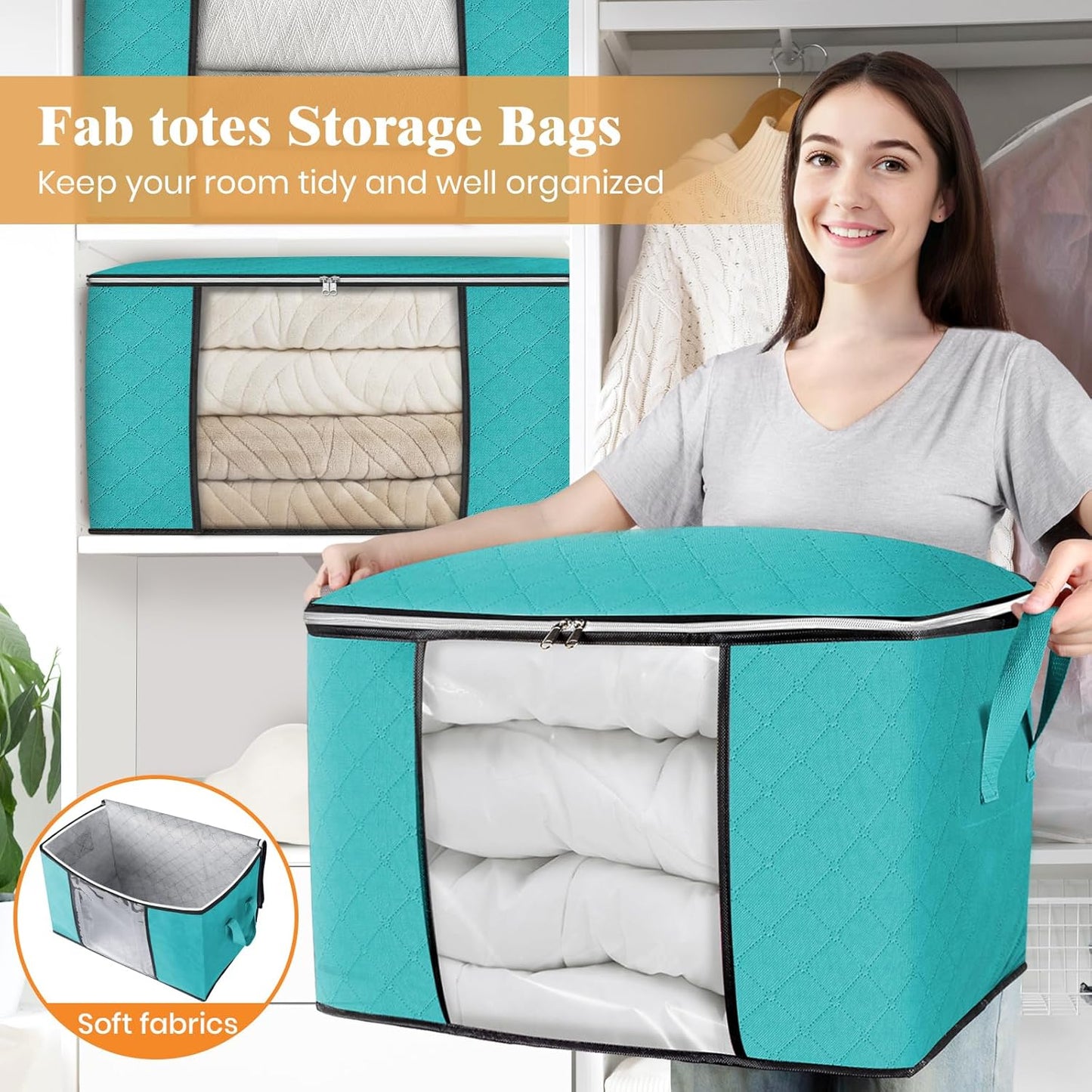 Fab totes 24 Gallons Clothes Storage, Foldable Thick Fabric Blanket Storage Bags, Containers for Organizing Bedroom, Closet, Clothing, Comforter, Organization with Handle (4 Pack,Green)