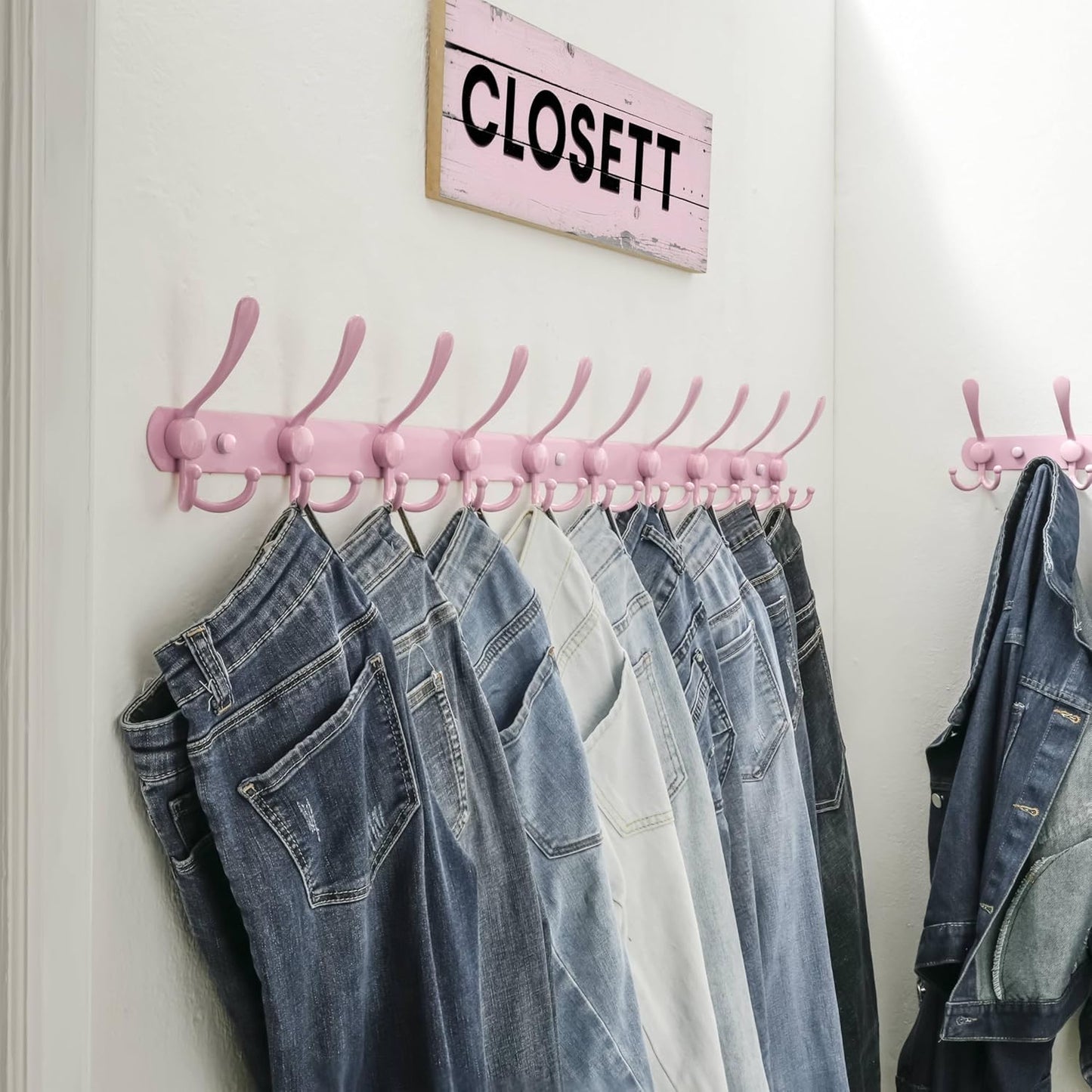 Dseap Coat Rack Wall Mount - 38” Long 10-Tri-Hooks Heavy Duty Coat Hanger Rail Wall Hooks for Hanging Coats Hats Clothing Clothes Purse Mudroom Entryway, Pink, Pack of 2