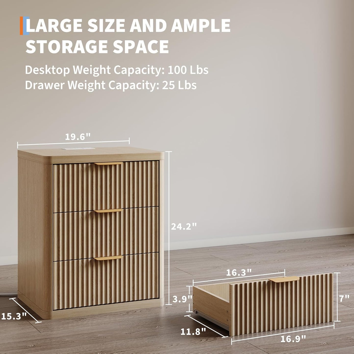 Fluted Nightstand Set of 2 with Charging Station, Bedside Table with 3 Drawers Storage Space, Metal Handles and Rounded Corners for Safety, Mid Century Modern End Table, for Bedroom, Living Room