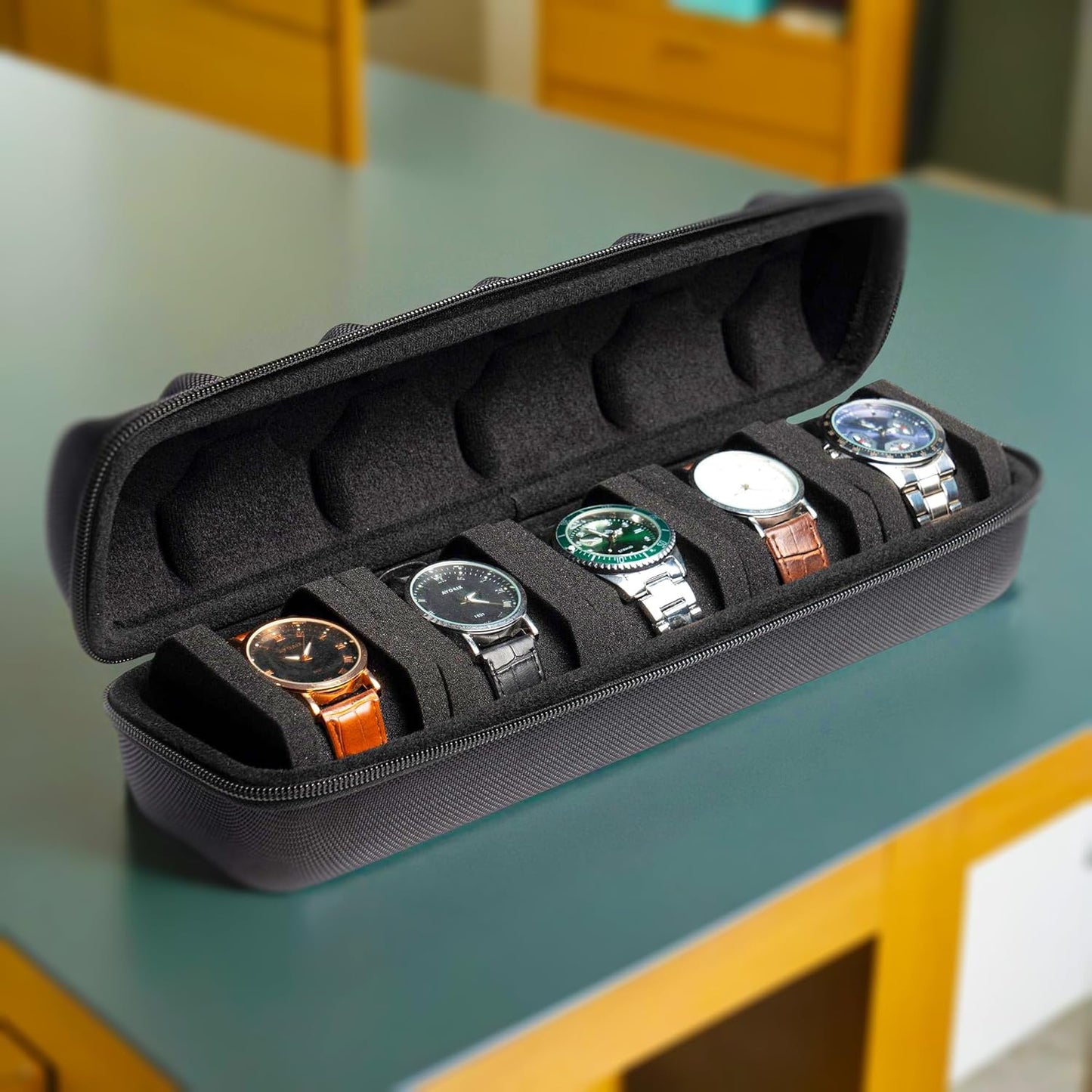 Hard Watch Travel Case, 5 slot Watch Roll Case Storage and Organizer for Men and Women, with anti-move watch pillow