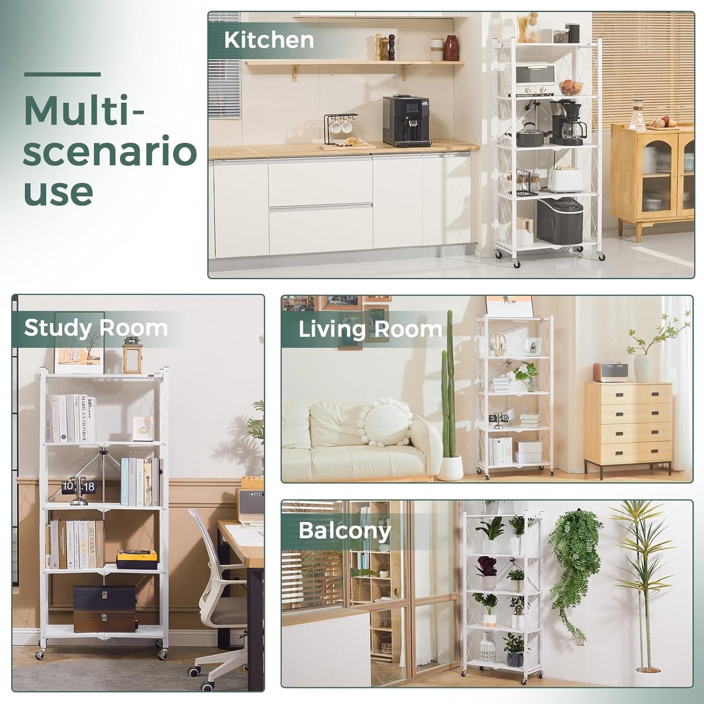 DEANIC 5 Tier Foldable Storage Shelves with Wheels, Large Capacity Shelving Unit, Freestanding Metal Wire Shelf Rack, No Assembly Organizer Rack for Garage Kitchen, Basement, Pantry(White)