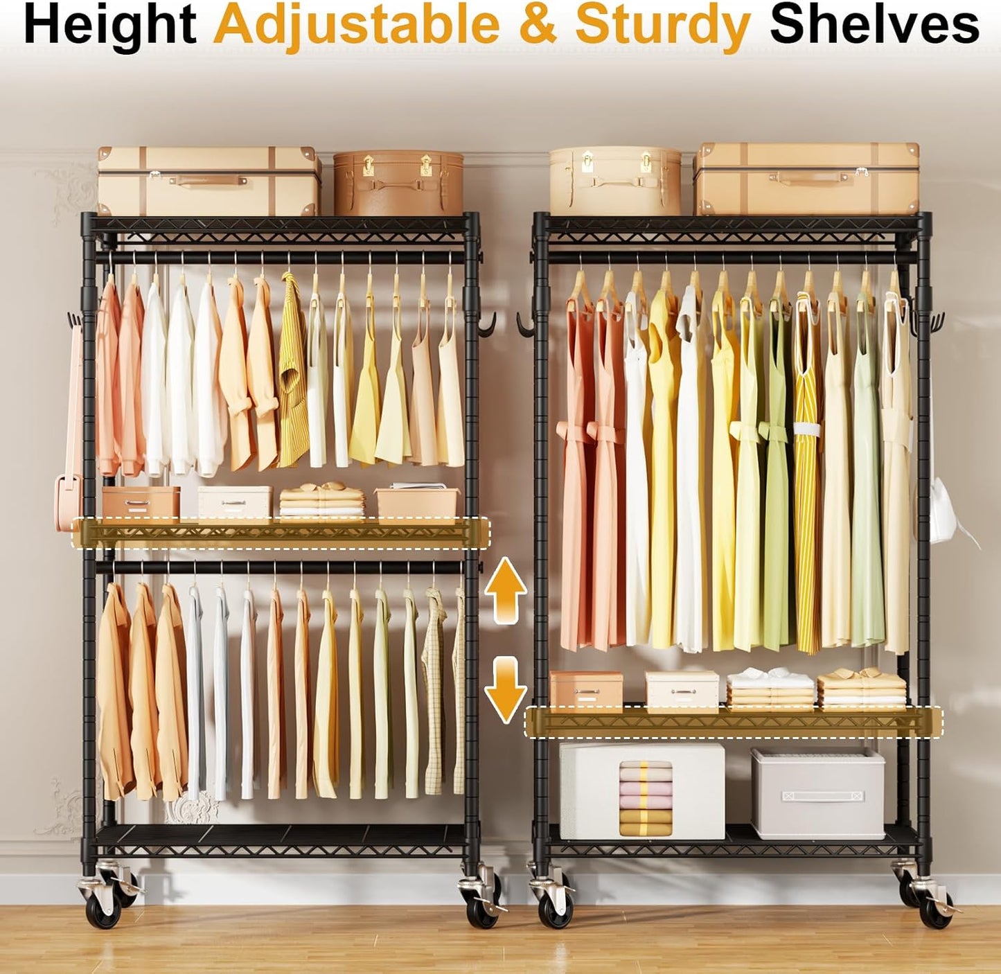 P1 Rolling Clothes Rack, Portable Wardrobe Closet with Wheels, Heavy-Duty Closet Clothing Rack for Hanging Clothes, 35.5" W x 15.7" D x 80.5" H, Hold 500lbs, Black