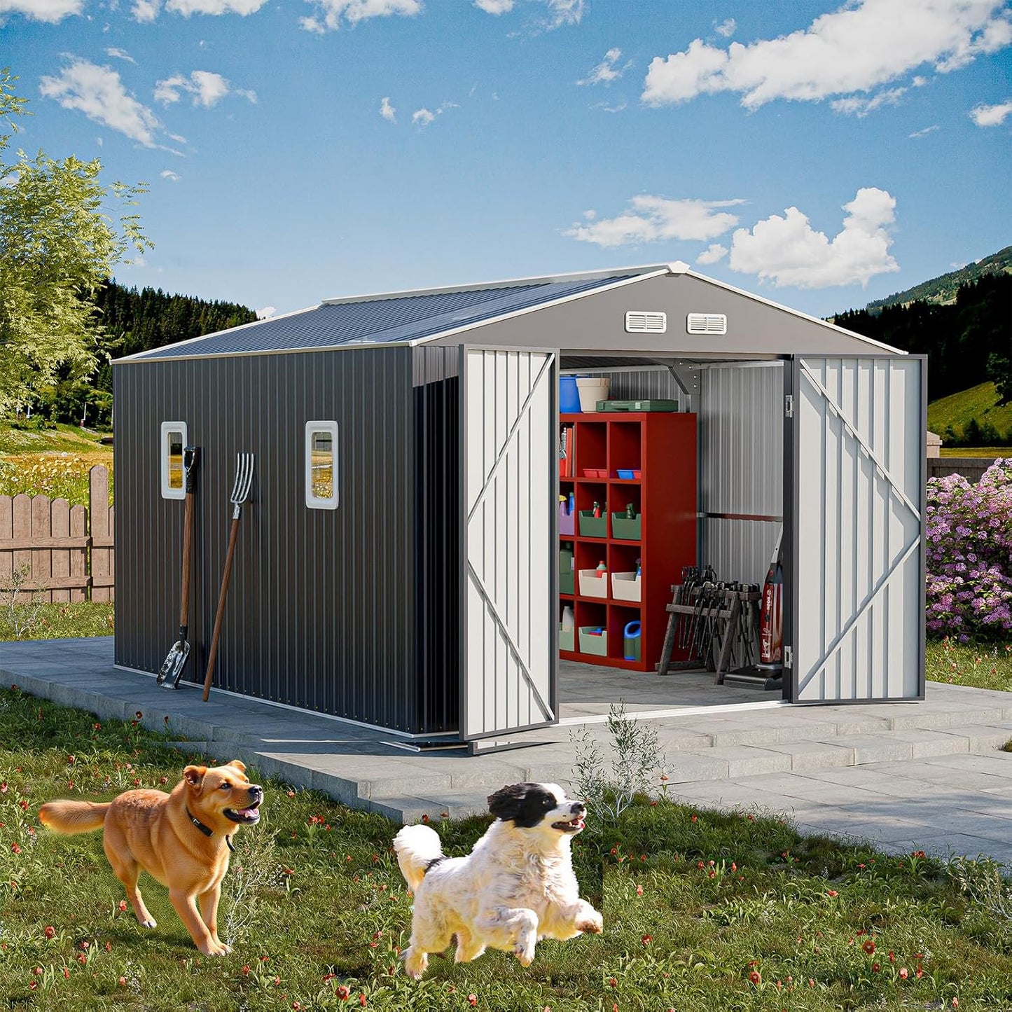 Restland 10x12 FT Metal Storage Shed Reinforced Frame Outdoor Shed with Clear Roof, Air Vent & Lockable Door Large Garden Tool Storage Sheds for Backyard, Garden, Lawn