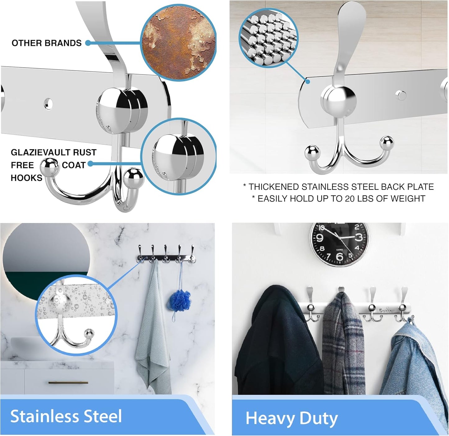 GlazieVault Coat Rack Wall Mount - Stainless Steel Coat Hooks (2 Pack) - Heavy Duty Wall Hooks for Clothes & Accessories (Silver Tri)