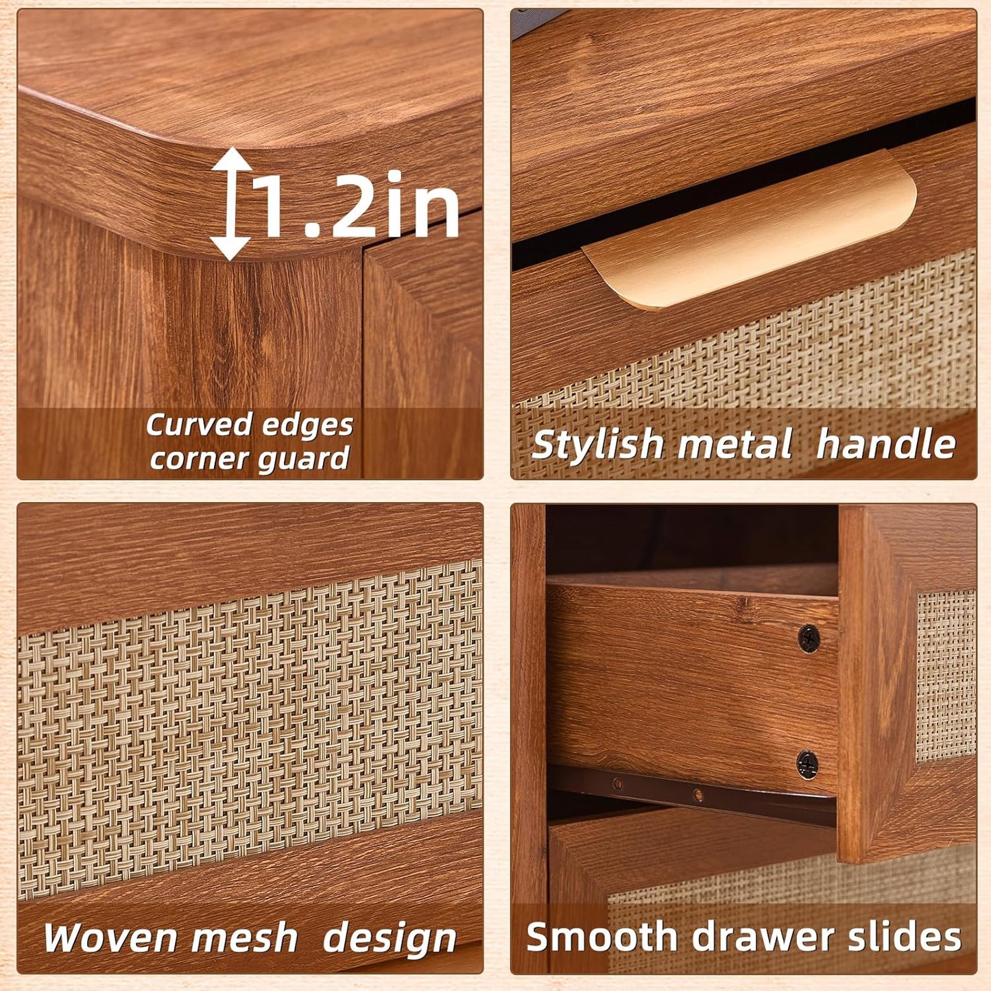 LEYAOYAO Rattan Night Stand Set of 2 with Charger Station, 23" Large 3 Drawer Boho Nightstand, Tea Brown Bedside Table Storage Cabinet, Bed Side End Tables for Bedroom, Living Room, Hallway