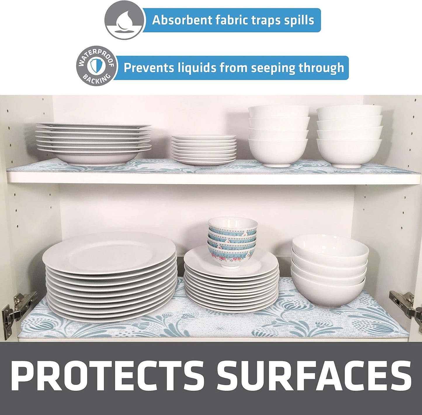 Drymate Premium Luxury Shelf & Drawer Liner, Thick Cushioned Fabric, Non-Adhesive, Absorbent, Waterproof, Slip-Resistant, Liners for Kitchen Cabinets, Cupboards (USA Made)(12”x59”)(2-Pack)(Light Blue)