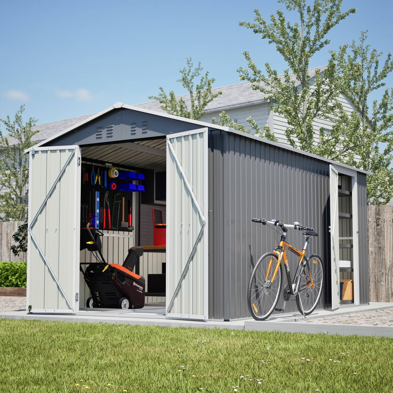 8 x 12 FT Outdoor Storage Shed with Floor, Metal Garden Shed with 2 Windows and Lockable Door for Garden, Tool Sheds for Backyard