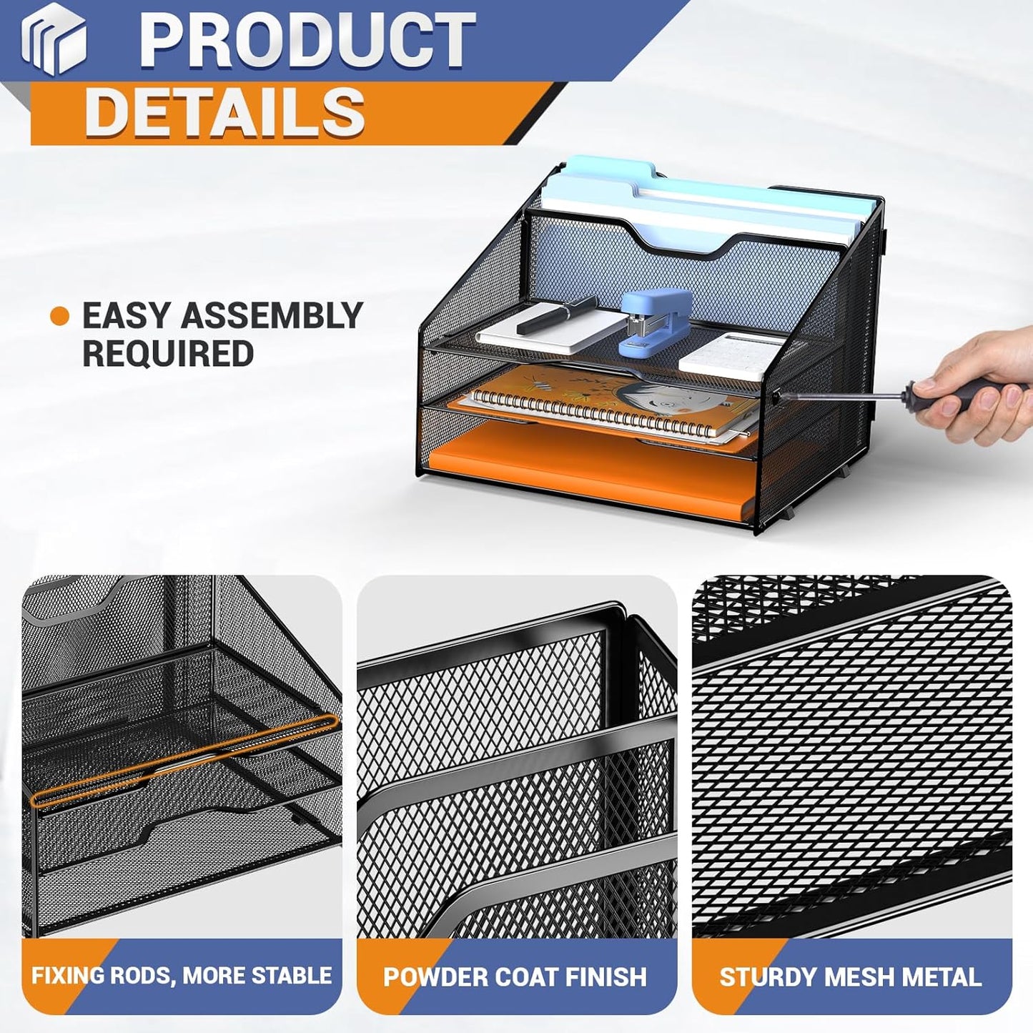 Letter Tray Organizer, Mesh Desk File Organizer with 3 Paper Trays and 2 Vertical Upright Section, Blank