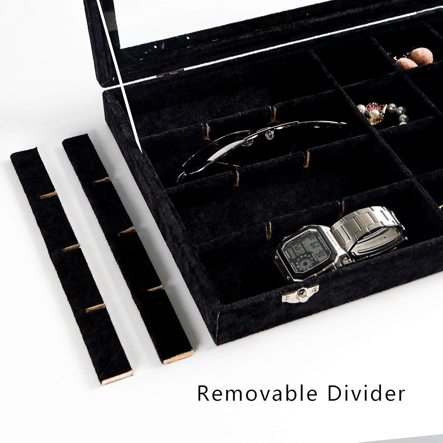 Frebeauty 24 Grid Earring Holder Organizer Tray, Jewelry Organizers and Storage for Drawer,Velvet Jewelry Display Storage for Earrings,Rings,Studs,10.5 x 6.5 x 1.2 Inches Gift for Women (Black)