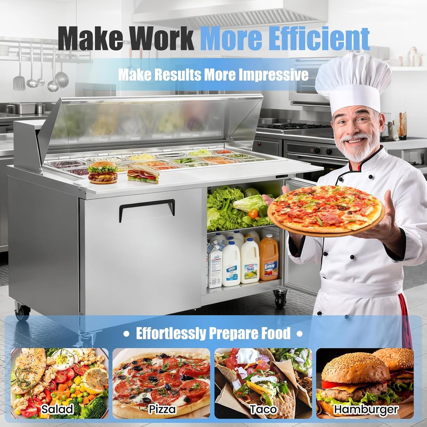 48" W Commercial Refrigerator Sandwich Salad Prep Table, Stainless Steel 2-Door Sandwich Prep Table Refrigerator, Counter Fan Cooling Refrigerator with 18 Pans for Restaurant, Bar