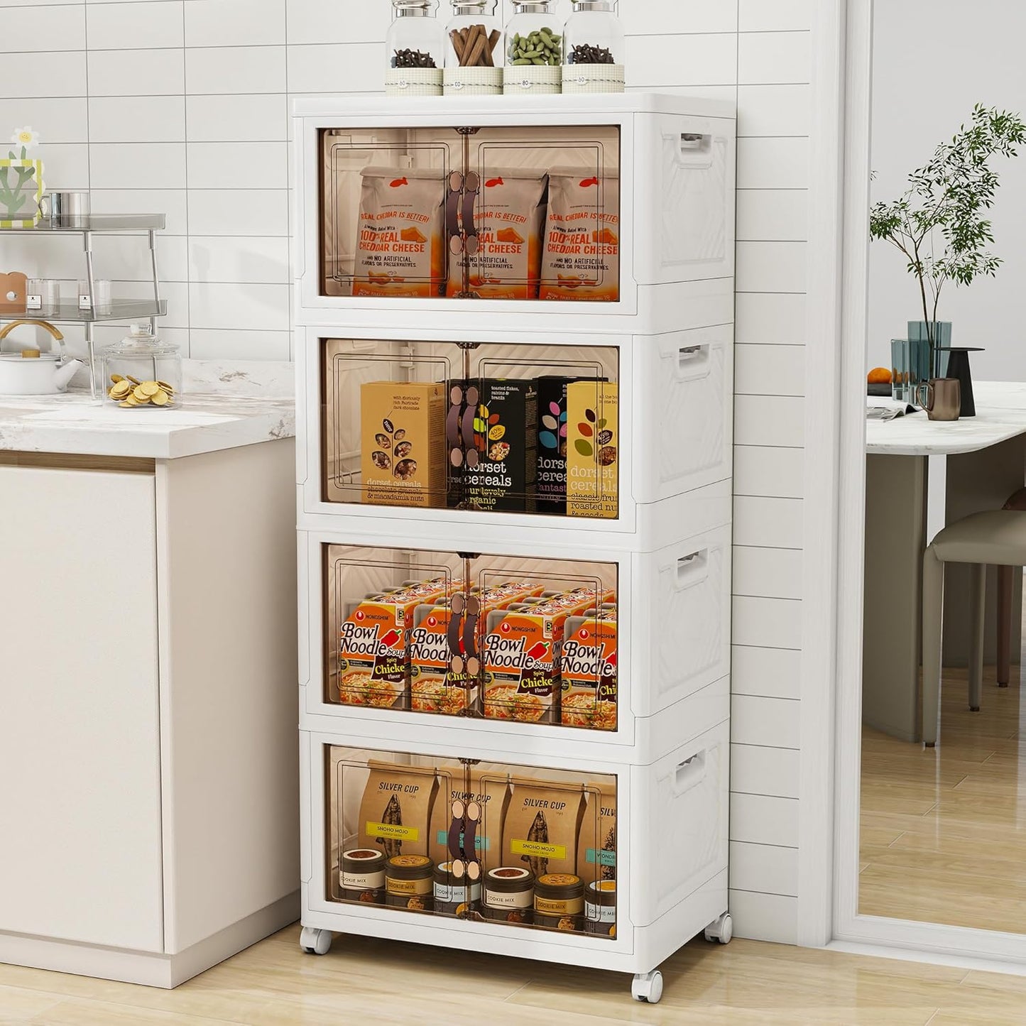Storage Bins with 2 Lids and Wheels, Collapsible Bathroom Storage Cabinet with Clear Doors, Plastic Stackable Closet Organizers and Storage Containers White 597 QT