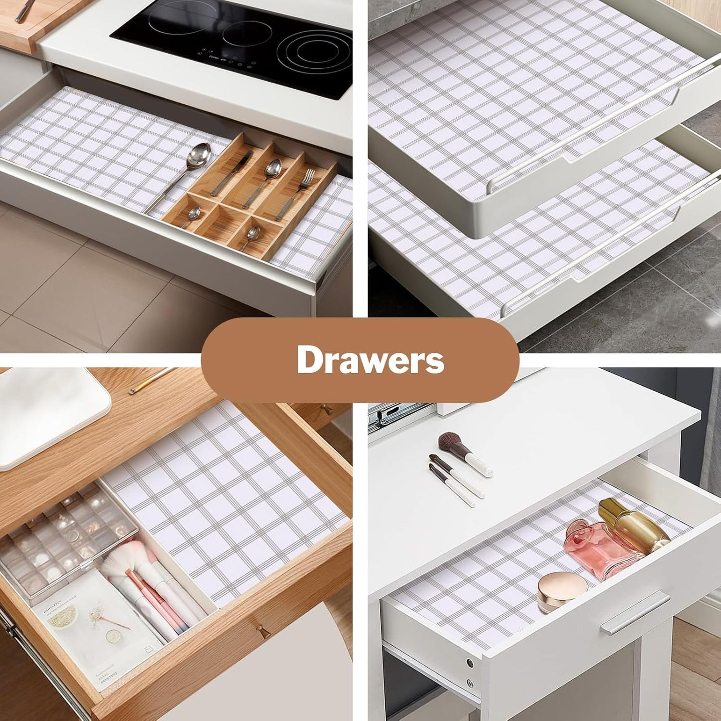 Drawer and Shelf Liner for Kitchen Cabinet: 17 in X 30 Ft Non Slip Waterproof Shelf Paper Non Adhesive Refrigerator Liners White Square Easy Liners for Bathroom Cupboard with Knife Tape Measure