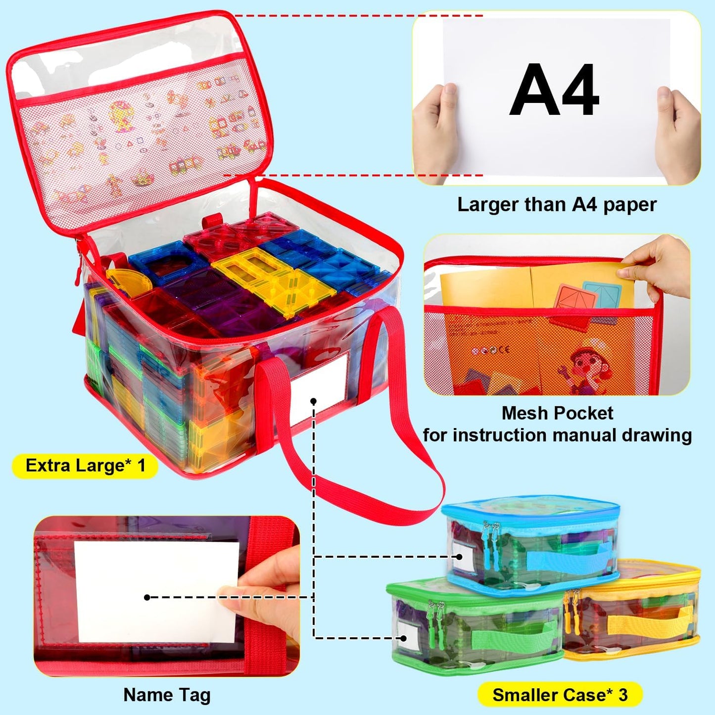 4 Pack Magnetic Tiles Storage Bag with Manual Pocket& Name Tag, Whole Clear PVC Magnetictiles Organizer Case for Magnetic Tiles, Building Blocks, Toy Cars, Board Game, Puzzle (Colorful)