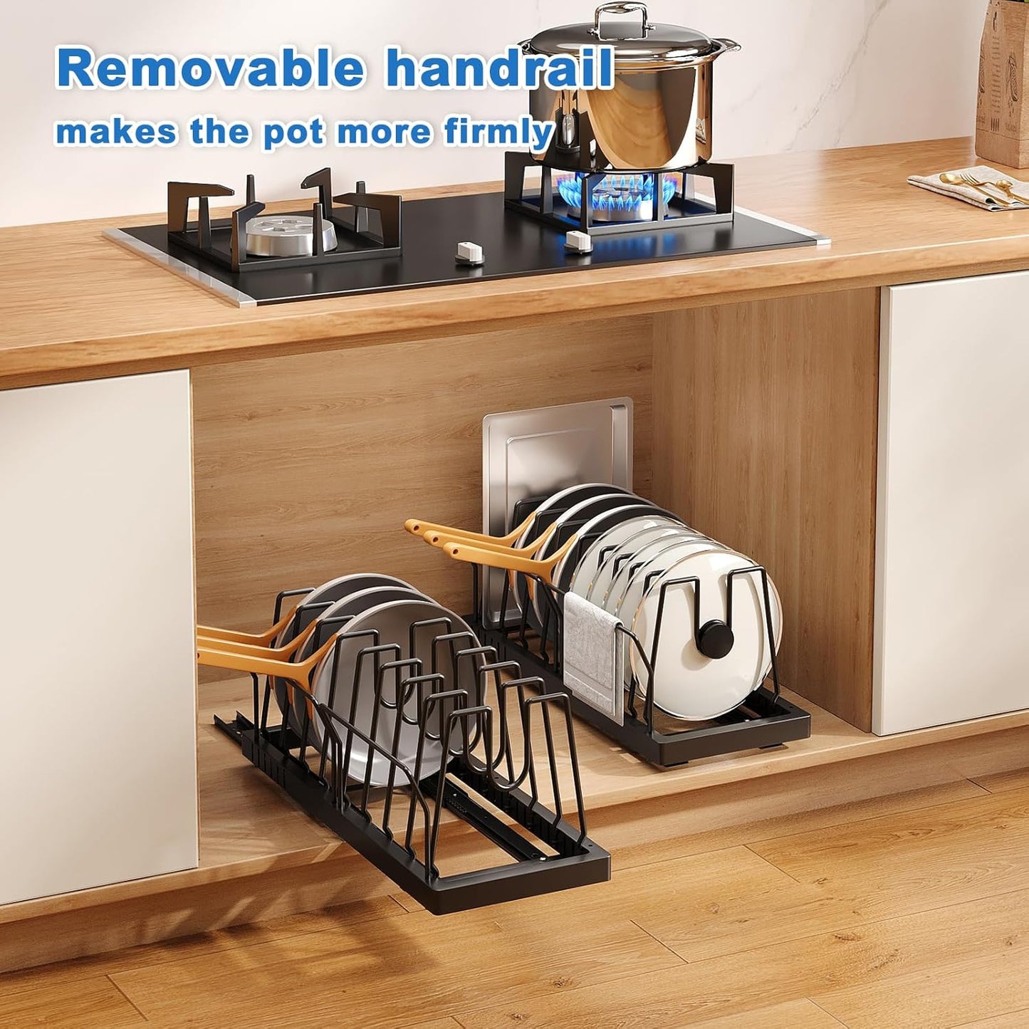 Pots and Pans Organizer Under Cabinet, 21.6" Deep Pull Out Pot Lid Organizer Holder with Guardrail Adhesive Pot and Pan Holder Rack with 10 Adjustable Dividers-1 Pack(Black)
