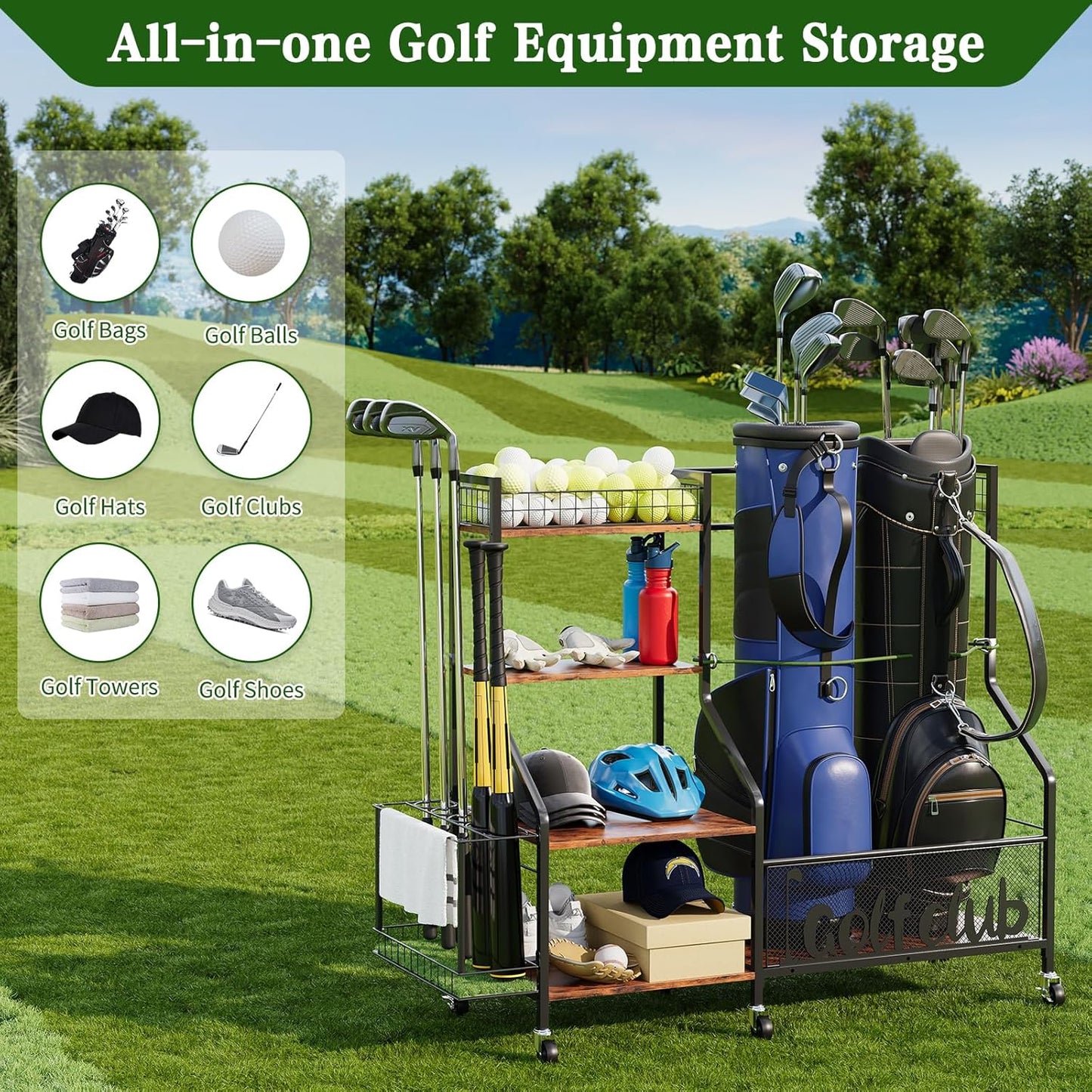 Golf Rack with Golf Bag Storage, Large Golf Bag Organizer for 2 Bags, Golf Bag Stand with Golf Club Rack, Extra Sports Equipment Rack for Garage & Golf Clubs with Wheels