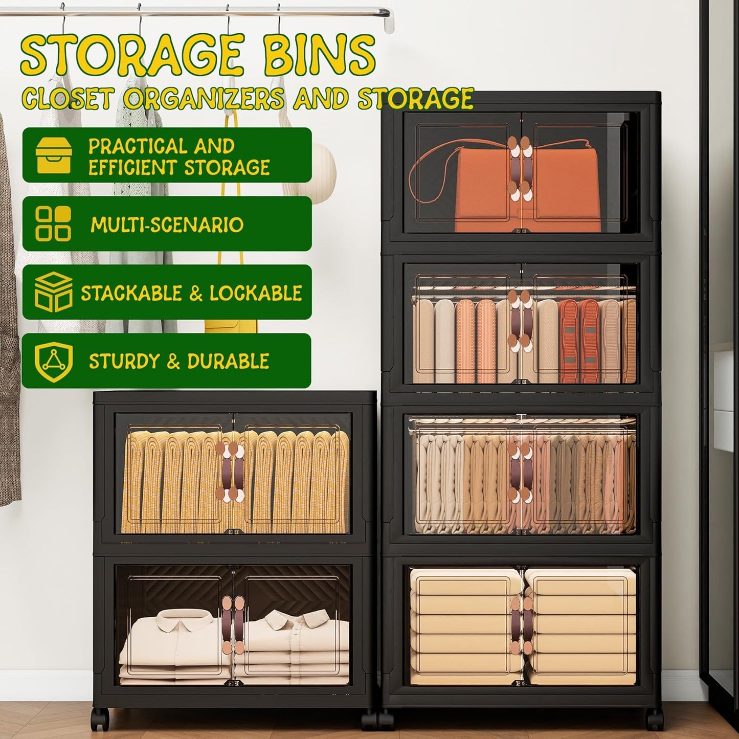 Storage Bins with Lids and Wheels, Collapsible Bathroom Storage Cabinet with Clear Doors, Plastic Stackable Closet Organizers and Storage Containers Black 199 QT