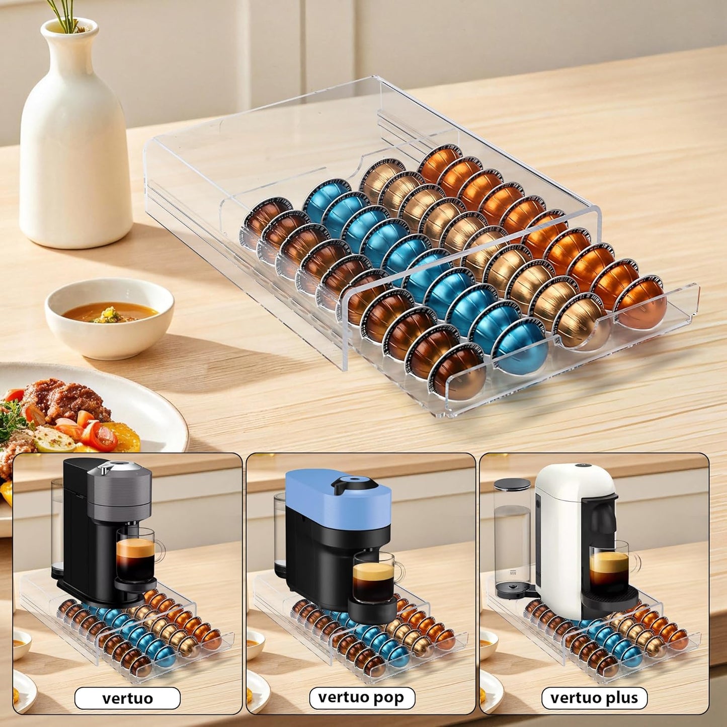 Clear Acrylic Coffee Pod Drawer for Nespresso Vertuo – 40-Pod Double-Sided Pull-Out Organizer