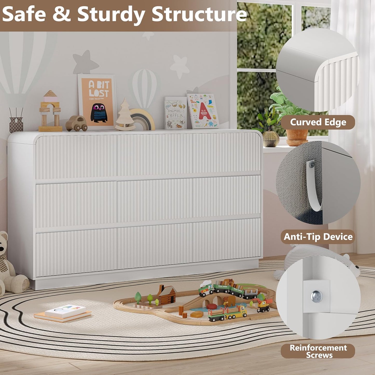 Dresser for Bedroom with 9 Drawers, Fluted Chest of Drawers with Round Curved Corner, Hidden Handles, Modern Wood Storage Organizer for Bedroom, Nursery, Living Room