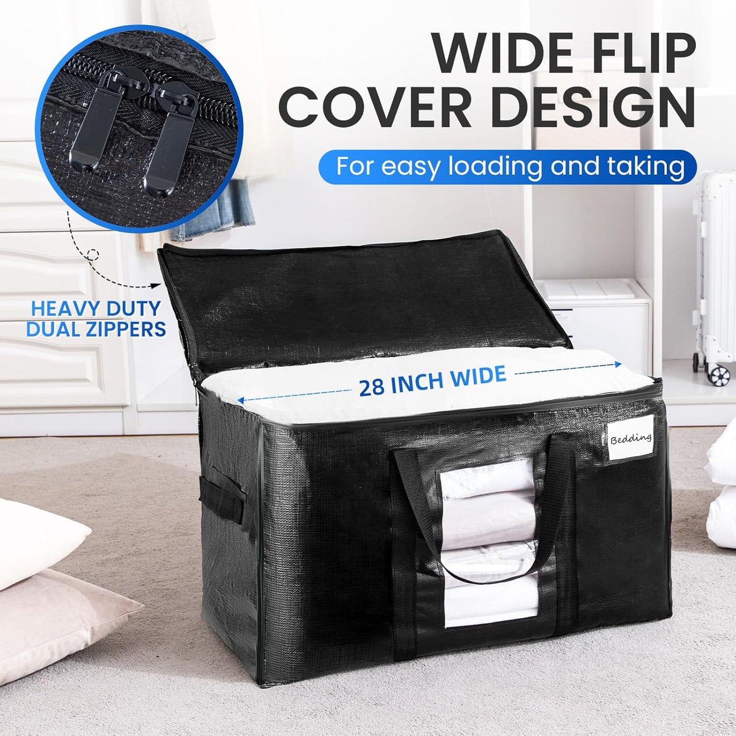 TAILI Extra Large Moving Bags, 6 Pack Black Heavy Duty Totes for Storage with Visible Window, Wrap Around Handles, Storage Bags for Space Saving, Alternative to Moving Boxes