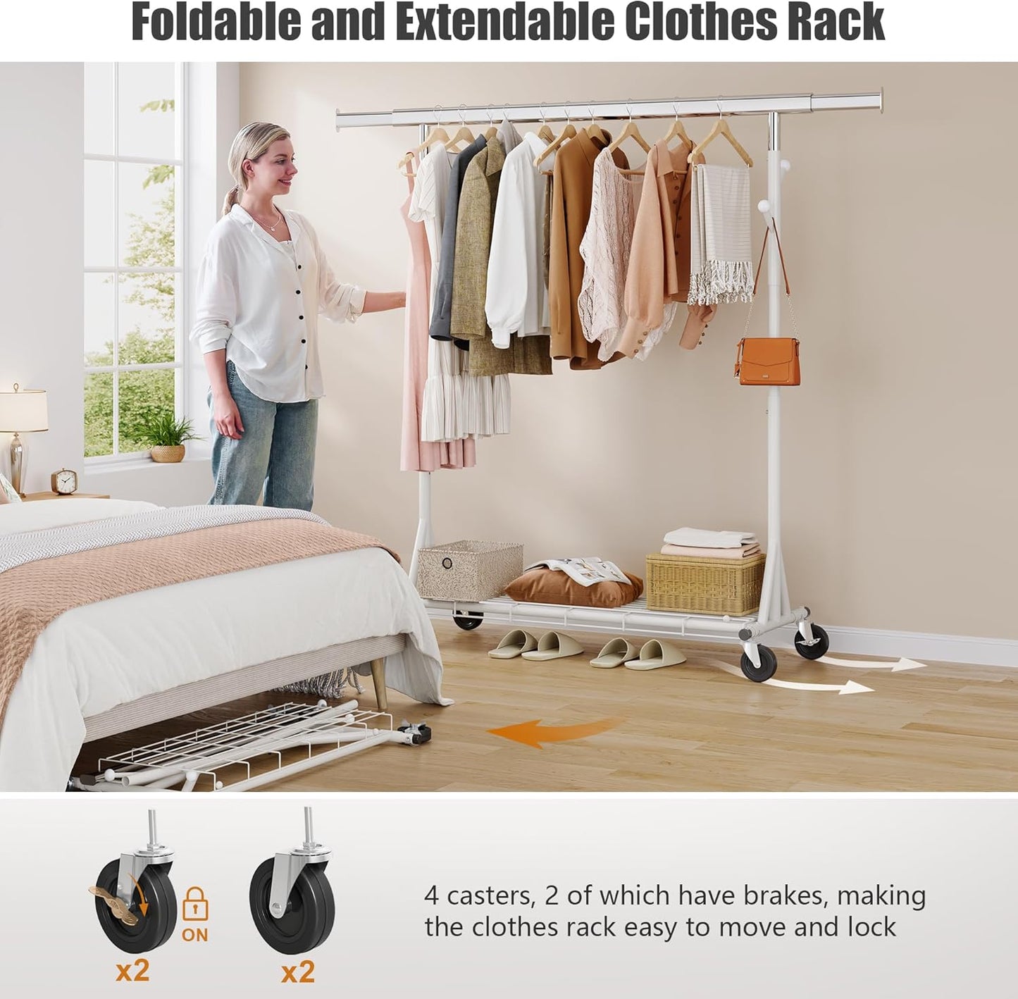 Heavy Duty Clothes Rack, 530 lbs Load Capacity Metal Garment Rack on Wheels - Collapsible Adjustable Portable Storage with Hooks, White