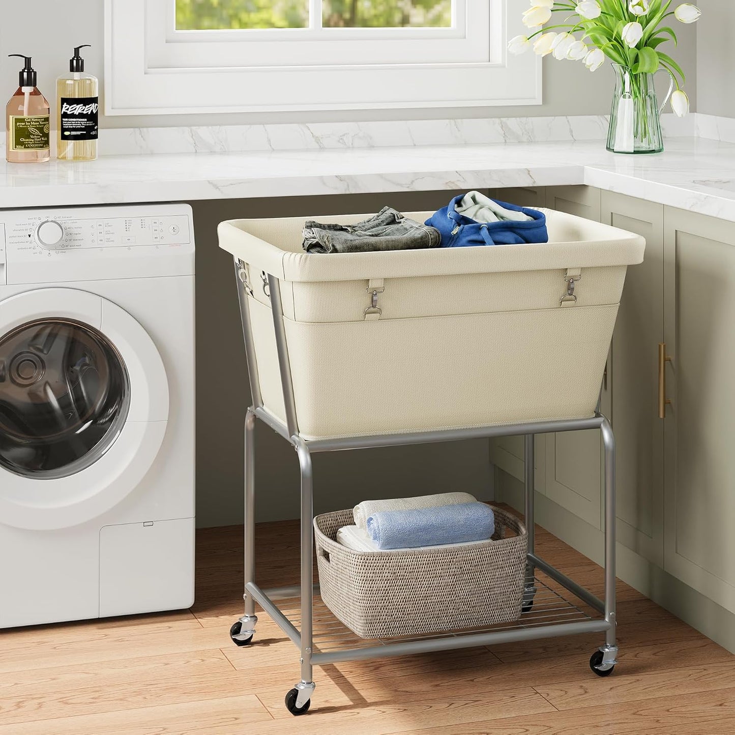 ELYKEN Laundry Cart with Wheels, Rolling Laundry Hamper with Removable Bag and Shelf, Metal Frame Laundry Basket with 4 Casters and 2 Brakes, Ideal for Bedroom, Bathroom, Laundry Room, Cream