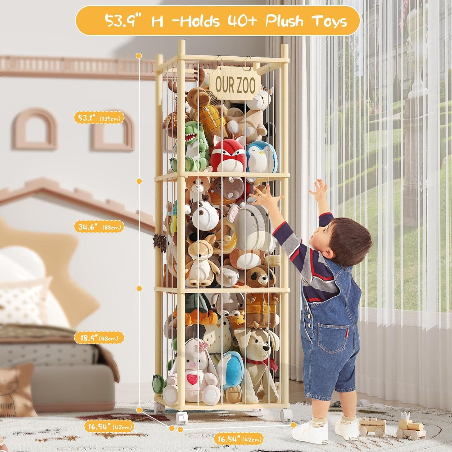 Stuffed Animal Storage, Wood Stuffed Animal Zoo with Wheels & Net, Toy Storage Organizer with Elastic Band, Large Capacity Toy Holder for Nursery, Playroom (3layers)