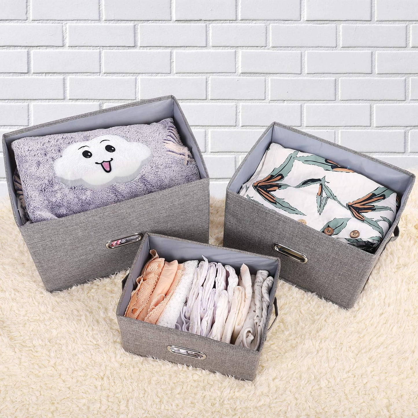 Large Linen Fabric Foldable Storage Bins with Removable Lid and Handles, Washable Storage Box Organizer Containers Baskets Cube with Cover for Bedroom,Closet,Office (Khaki, Medium(2-Pack))