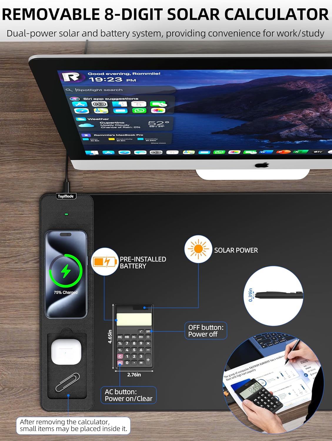 TopMade Mouse Pad with 15W Wireless Charging & Removable 8-Digit Solar Calculator, Exact Large Desk Pad, Waterproof Mousepad Home Office Desk Mat (Includes 20W PD Power Adapter & 6.56ft Woven Cable)