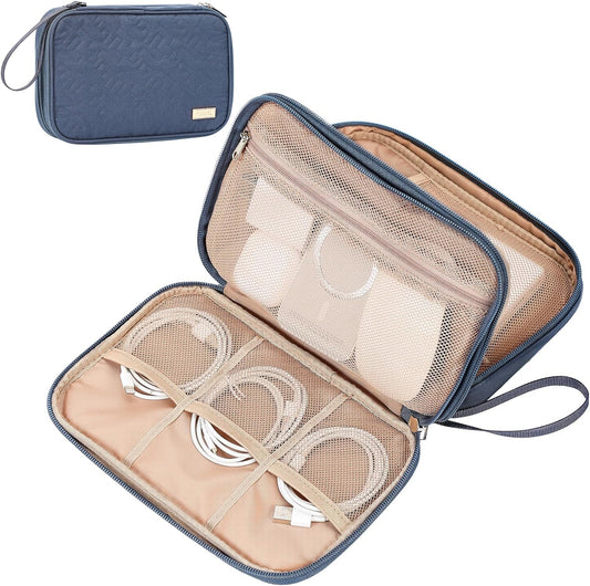 NISHEL Travel Cord Organizer Case, Double Layers Tech Electronic Bag, Essentials for Charger, Cable, Phone, Flash drive, Large, Aegean-Blue