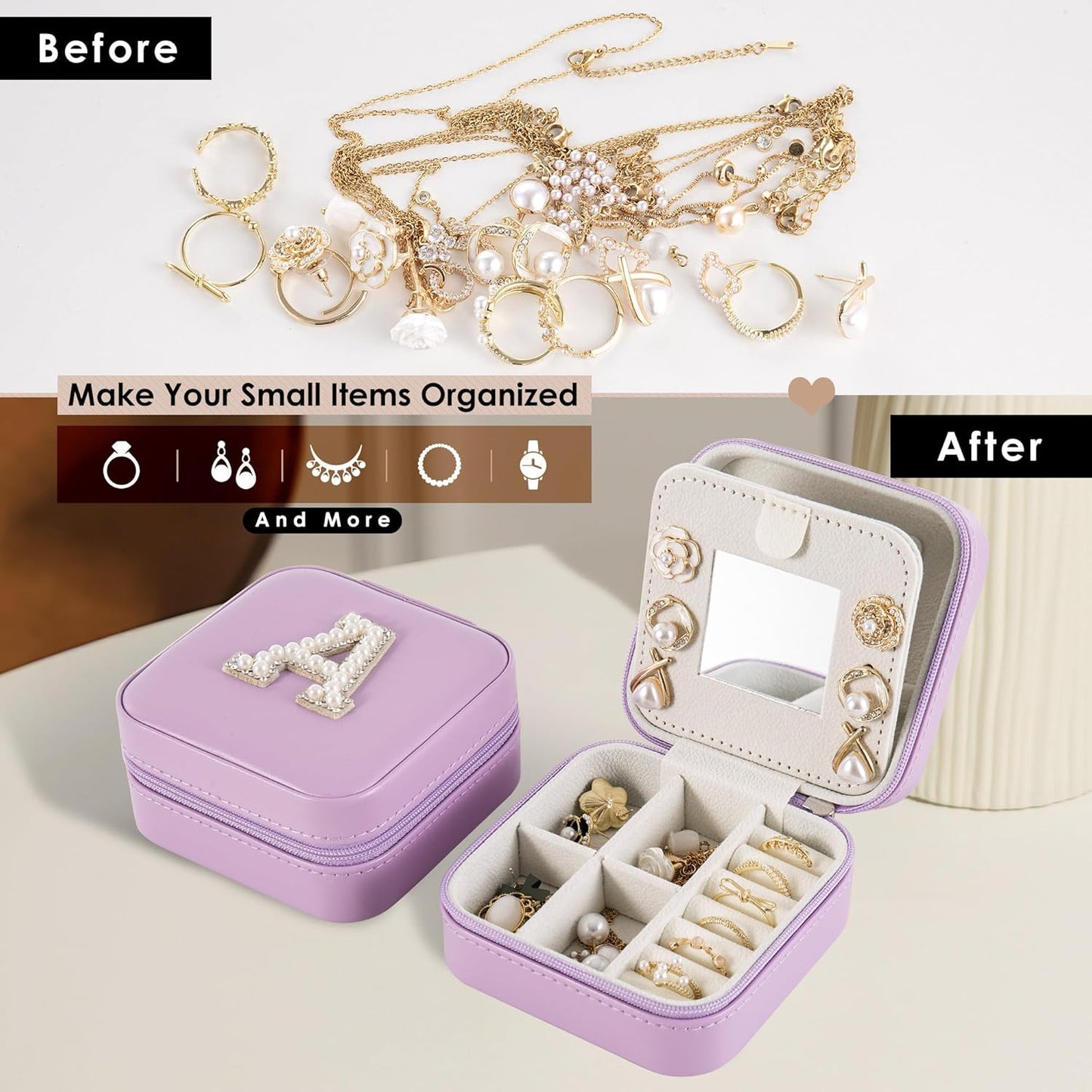 Travel Jewelry Case, Small Jewelry Box Organizer with Personalized Initials, Gifts for Girl Women, Wife Girlfriend Daughter Niece, Bridesmaid Gifts, Birthday