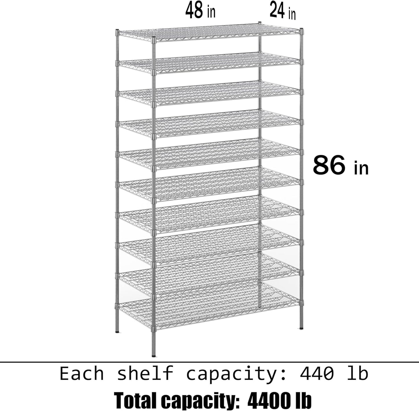 24" Deep x 48" Wide x 86" Height Wire Shelving Kit | 10-Tier | NSF Commercial Storage Rack Unit