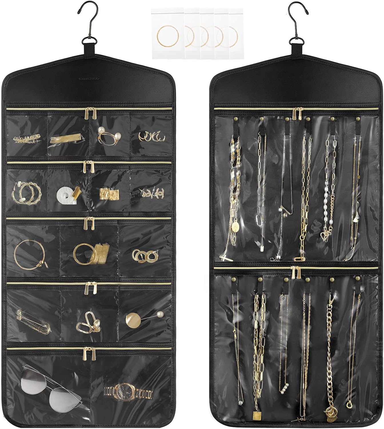 CHICECO Travel Jewelry Holder Organizer,Hanging Jewelry Organizer Storage With Zippered Pockets for Cloest,Wall,Door,Jewelry Holder for Earrings, Necklaces（Upgrade Black）