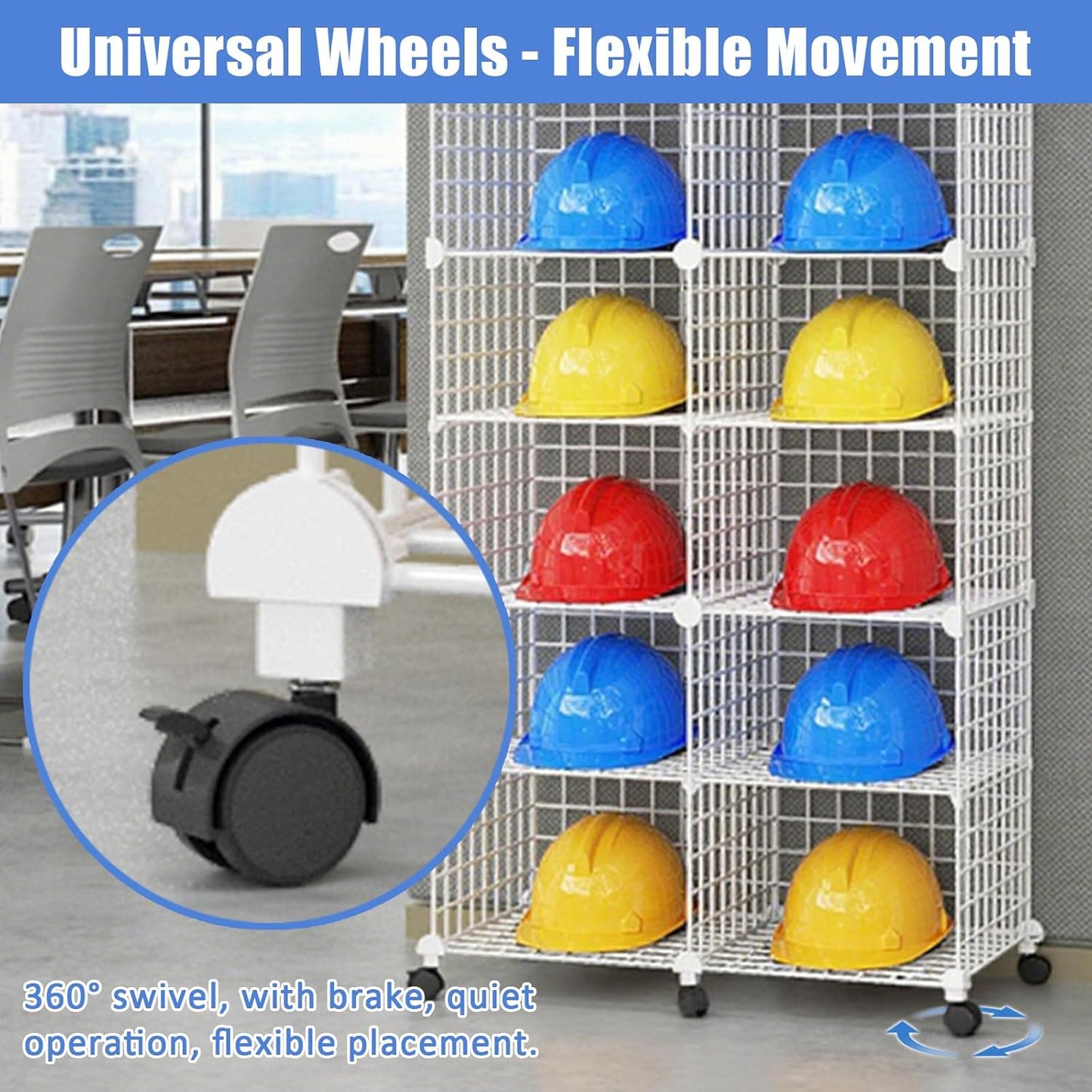 Stackable Safety Helmet Storage Boxes, Large Adjustable Hard Hat Placement Rack with Wheels, Iron Wire Helmet Display Shelf for Construction Site/Workshop/Factory (32 Grids - 8 Layers)