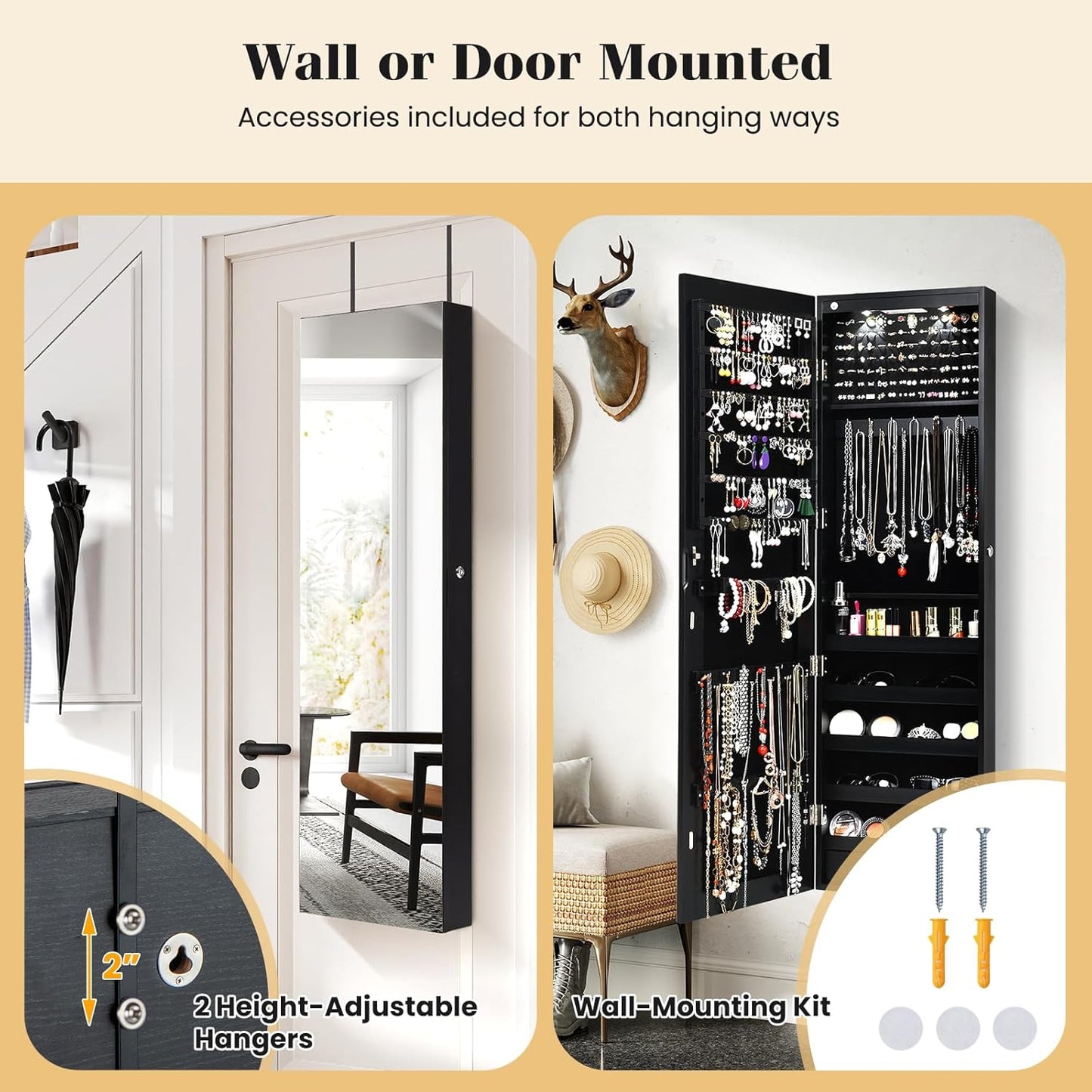Giantex Wall Door Mounted Jewelry Armoire Cabinet with 47.5" H Full Length Mirror, 2 LEDs Lockable Jewelry Organizer Box with Bracelet Rod, 2 Drawers, Large Storage Capacity (Black)