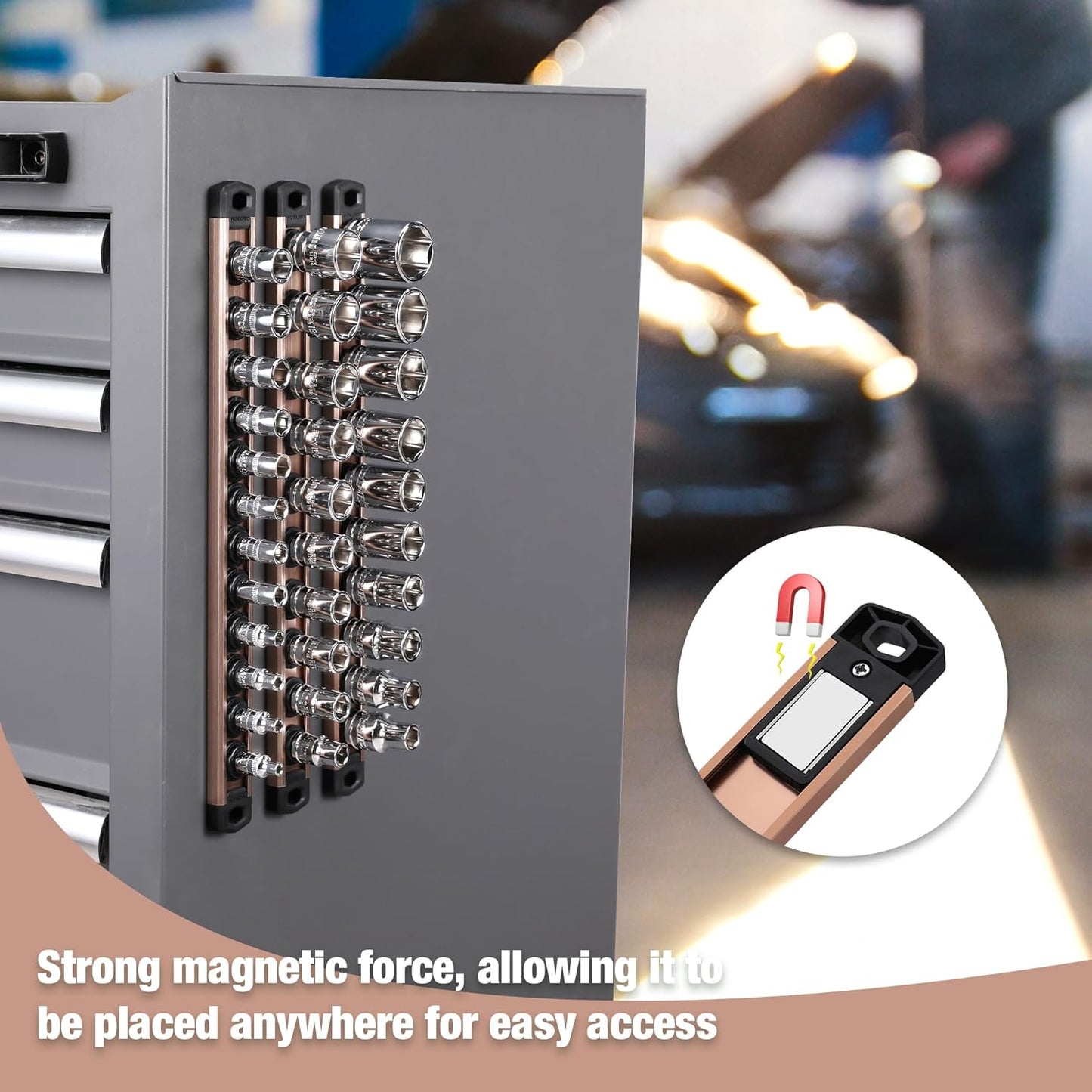 WORKPRO Magnetic Socket Organizer, 3/8-Inch Drive Aluminum Alloy Socket Rail, Heavy Duty Socket Holder, Socket Rack Kit 3/8-Inch x 10 Clips Champagne (Socket not Included)