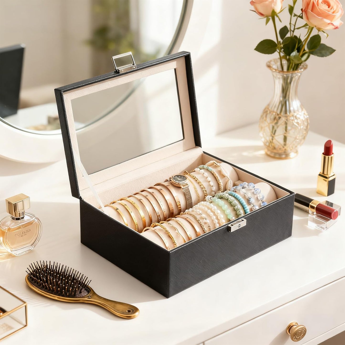 Delicate Jewelry Storage Box with Lock and Two Rolls Clear Lid Display Holder for Bracelet Watch Bangle Gift 10 * 7 * 3.7 Inches