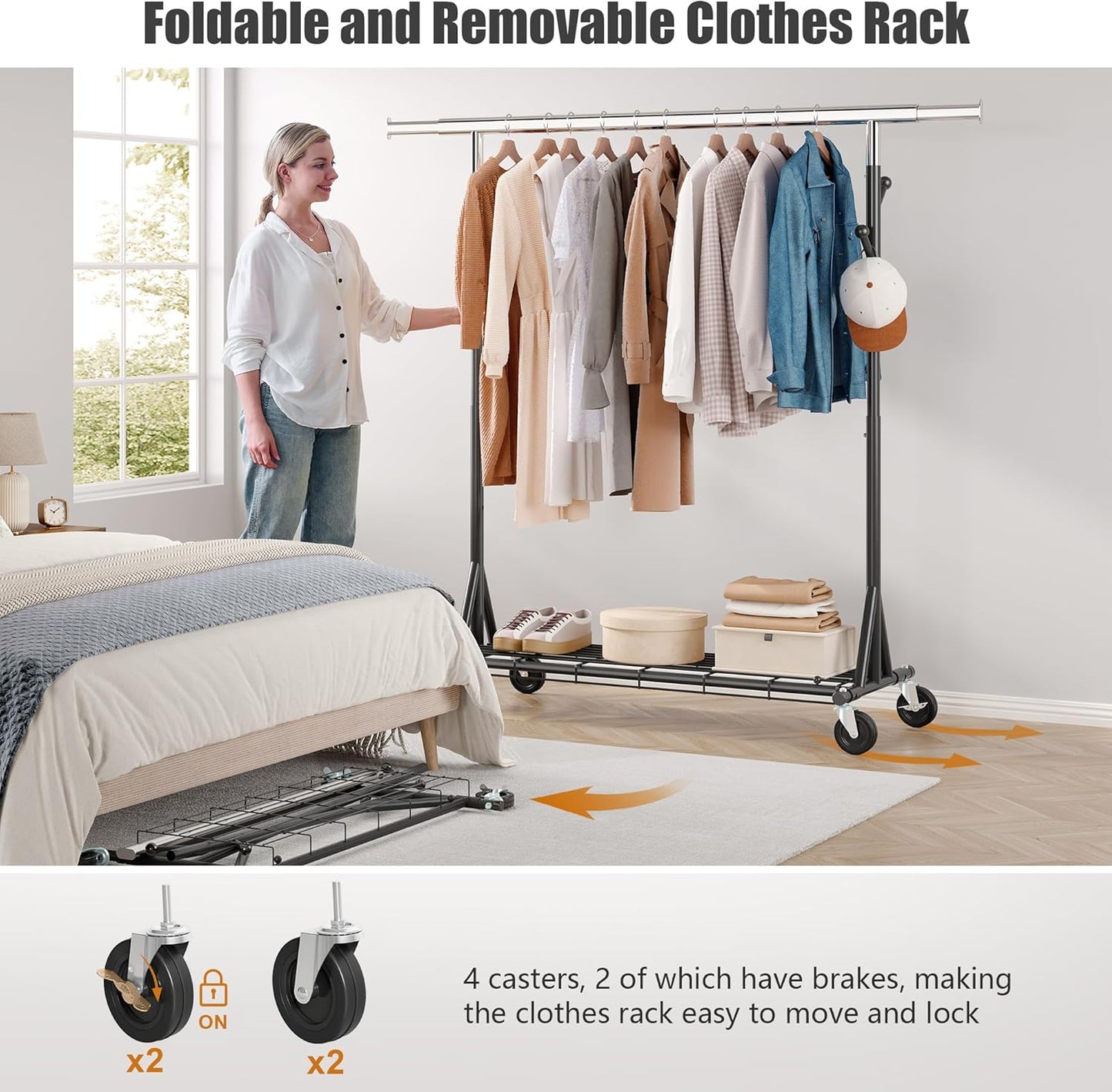 Garment Rack Load 530lbs,Heavy Duty Rolling Clothes Rack With Sturdy Wheel And Shelves, Adjustable Portable Hanging Rack For Clothes, Chrome Stainless Steel, Black