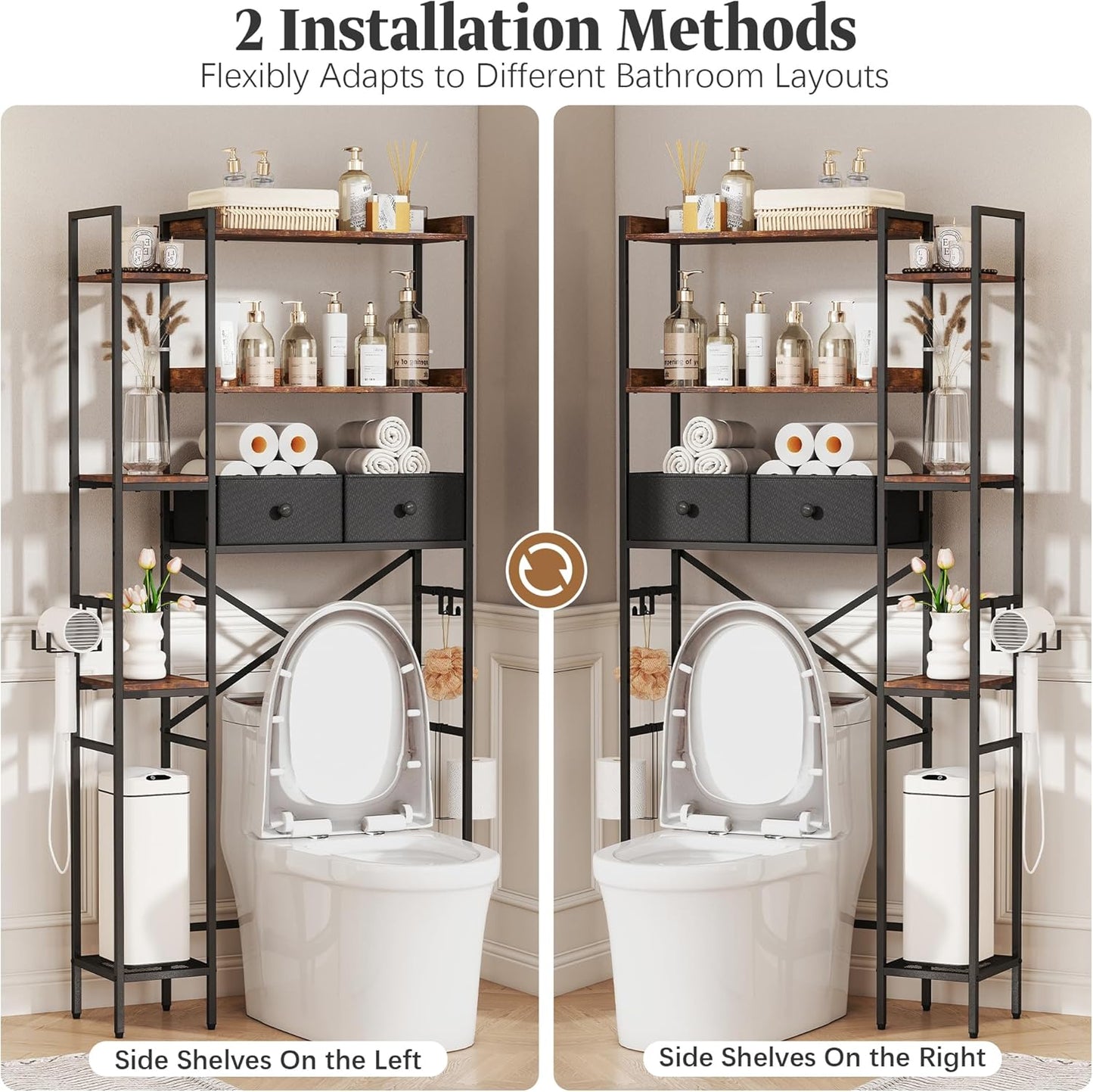Over The Toilet Storage Shelf with Drawer, 3-Tier Above Toilet Bathroom Organizer with 4 Adjustable Side Shelves, Space Saver Freestanding Rack with Holder & Hook for Laundry Kitchen (Brown)