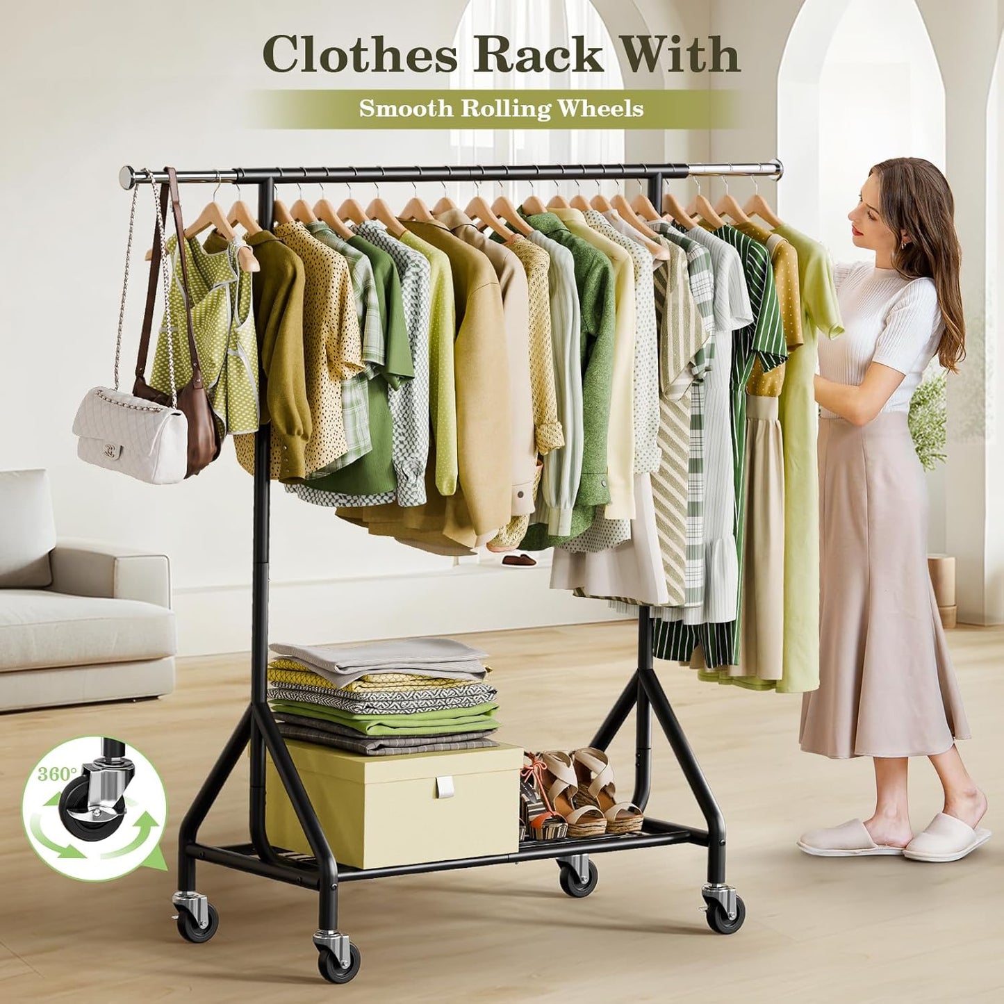 Clothes Rack Load 450 LBS, Heavy Duty Garment Rack, Standing Rolling Metal Hanging Clothes with Sturdy Wheels & Shelves, Black